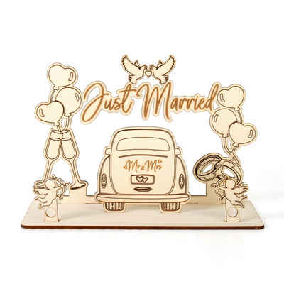 Kreative Feder Hochzeitskarte Dekorativer 3D Geschenk-Aufsteller „Just Married“ zur Hochzeit, originelle Geldgeschenk-Deko aus Holz