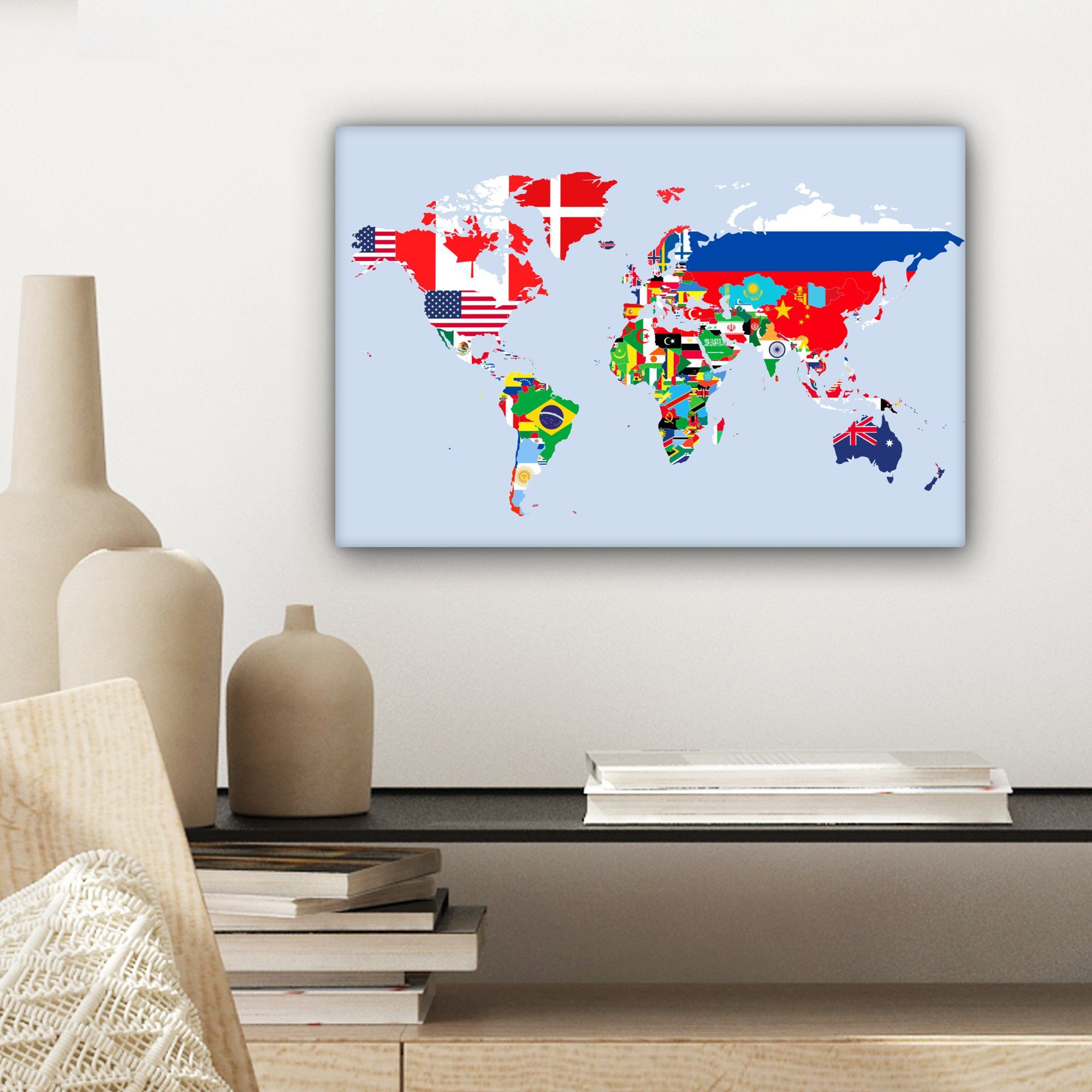 OneMillionCanvasses® Leinwandbild Welt - Karte Wanddeko, Leinwandbilder, (1 cm - Aufhängefertig, St), Länder, - Flagge Wandbild 30x20