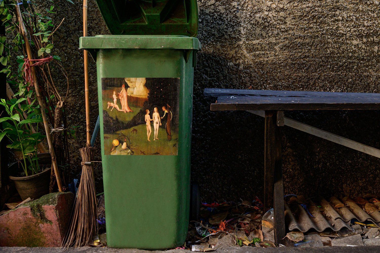 Hieronymus des Gemälde Mülltonne, Wandsticker Sticker, - MuchoWow von Flügel Abfalbehälter St), Heuwaage Container, (1 linker Mülleimer-aufkleber, Bosch Triptychons
