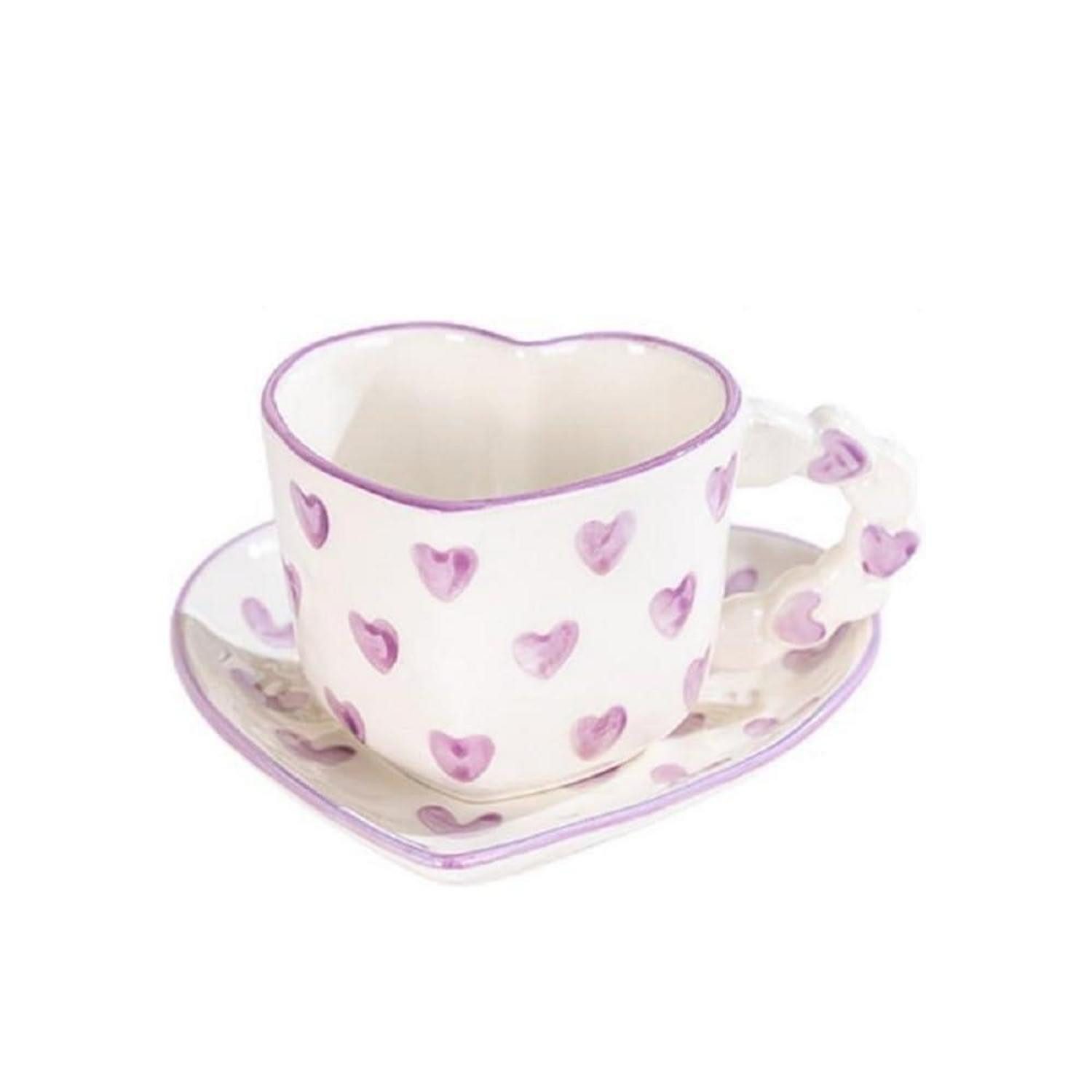 LuxusKollektion Tasse Kaffeetasse Herzform mit Untertasse Lila 250ml, Keramik