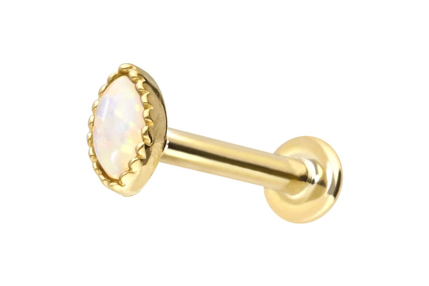 Piercing-Set 14 Karat Gold Labret mit Push Fit OVALER SYNTHETISCHER OPAL