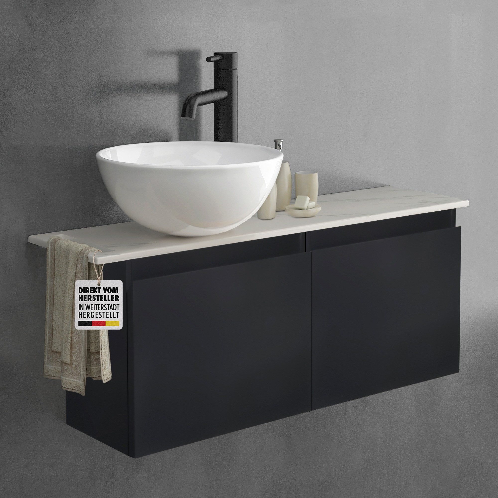 Alpenberger Badmöbel-Set mit Aufsatzwaschbecken Waschtisch mit Unterschrank & Keramikplatte, (Waschbeckenunterschrank hängend, Waschtischunterschrank mit Softclose Funktion), Badschrank Schwarz Matt, Waschtisch mit Doppelschrank