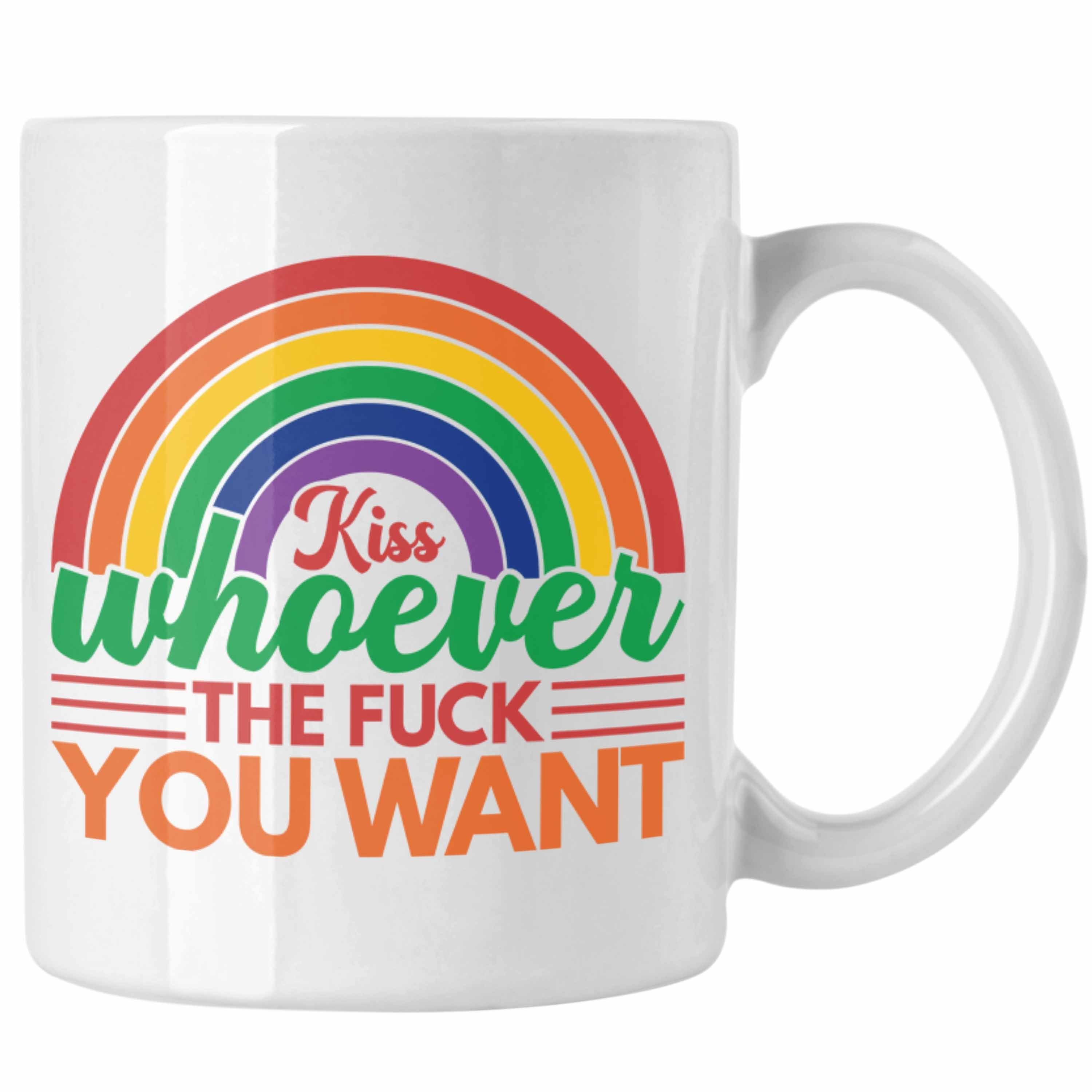 Trendation Tasse Trendation - LGBT Tasse Geschenk für Schwule Lesben Transgender Sounds Gay Im In Regenbogen Lustige Grafik Regenbogen Kiss Whoever You Want Weiss