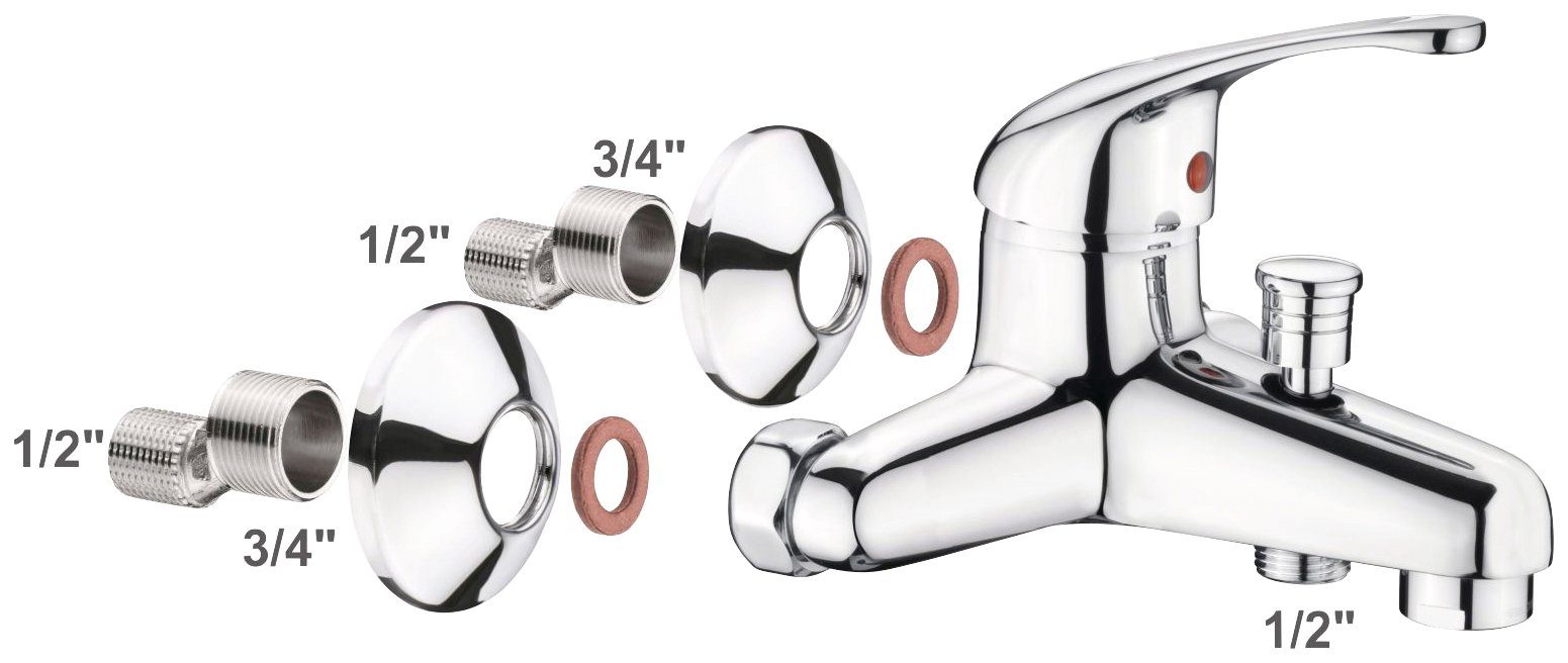 CORNAT Badarmatur "Fabio" Hochwertiger Messingkörper - verchromt - 1/2 Zoll Brauseabgang Einhebelmischer zur Wandmontage / Wannenbatterie / Badewannen-Armatur