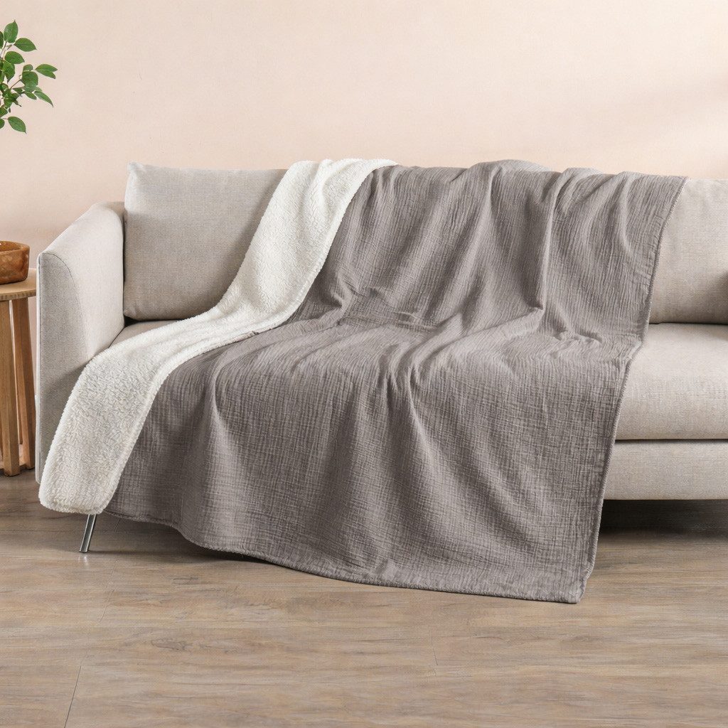Home Creation Tagesdecke Musselin Decke 130x180 cm, Kuscheldecke aus Baumwolle & Fleece, weich, atmungsaktiv, flauschig, Wohndecke für Sofa, Bett – Bild 3 von 4