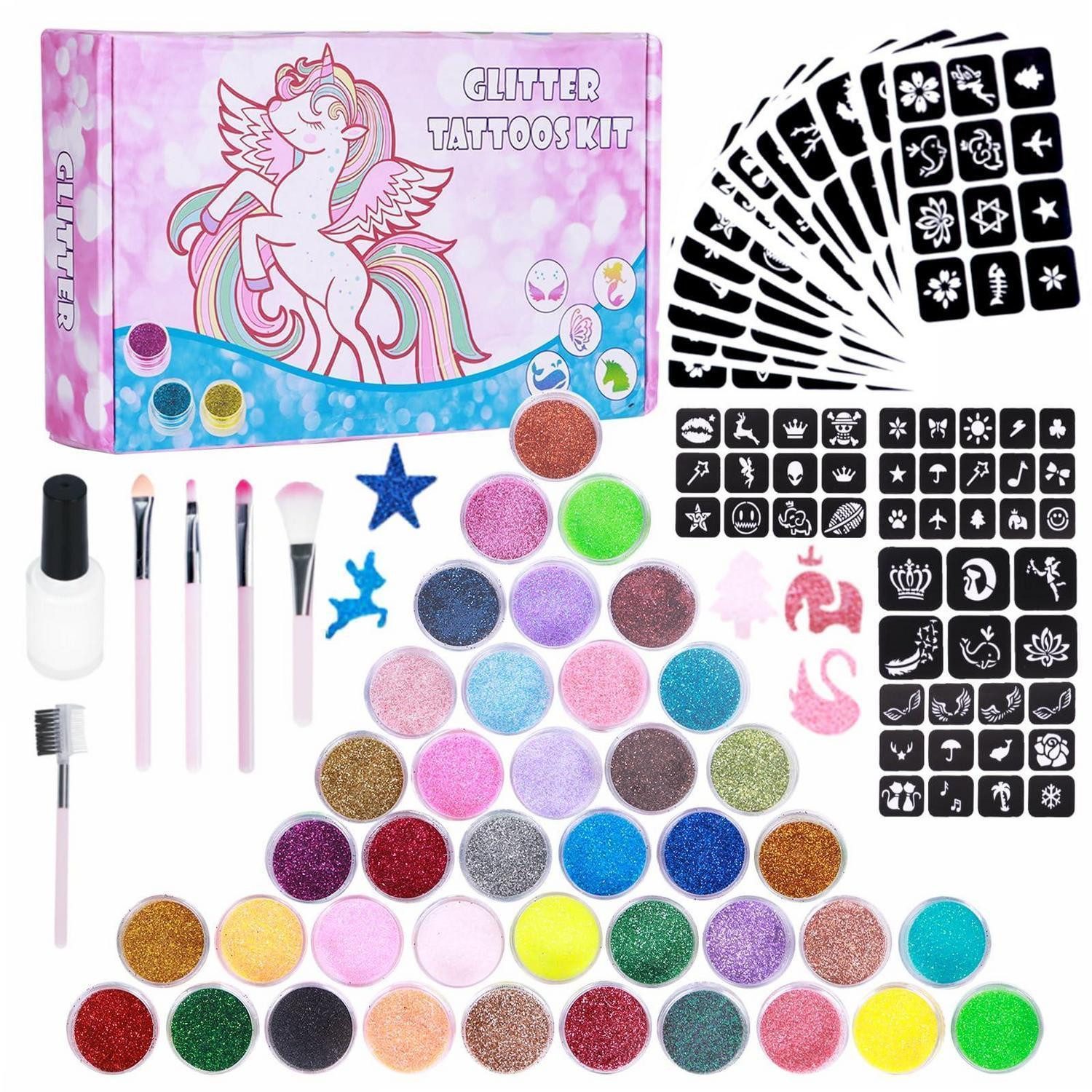 LuxusKollektion Kindertattoo Glitzer Tattoo Set Kinder 40 Farben m. 147 Schablonen