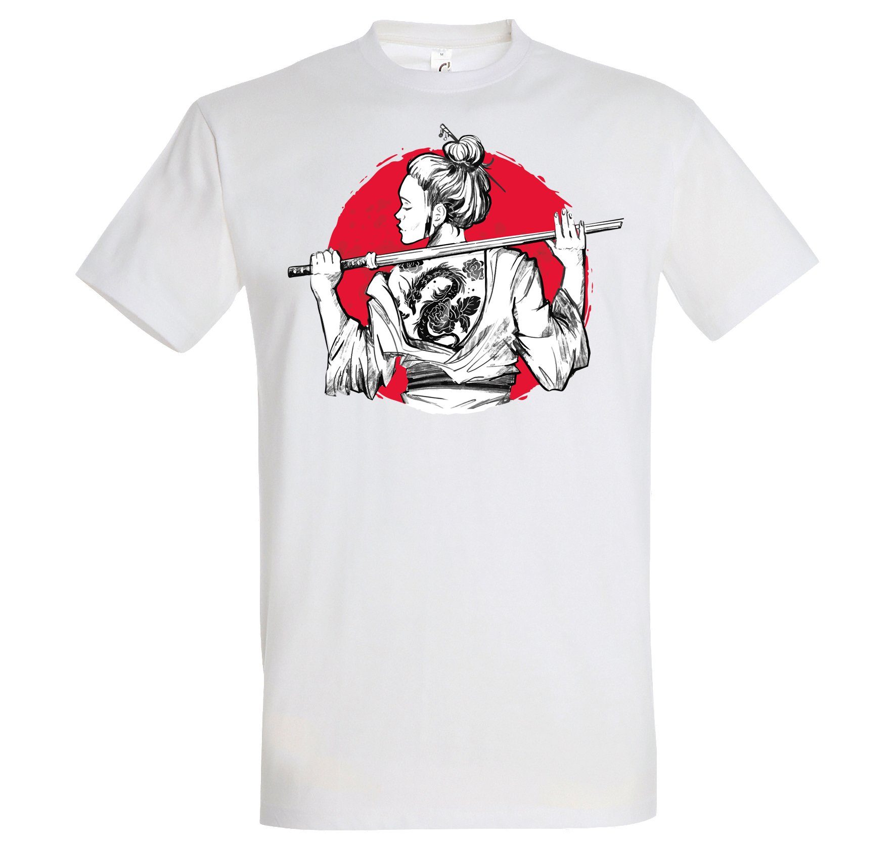 Trendigem Frontdruck Herren Shirt Designz mit Youth T-Shirt Girl Japan Samurai Weiss