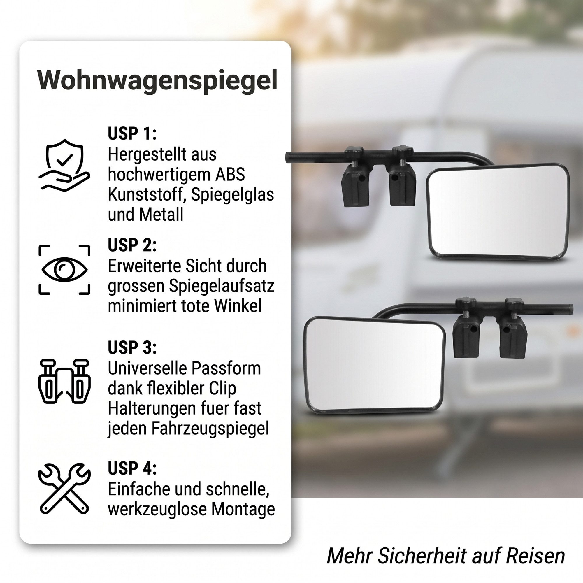 Mucola Autospiegel Caravanspiegel Wohnwagenspiegel universal Aufsatzspiegel Flachspiegel (Set, 2-St., Stück), links, rechts, inkl. Wasserwaage und Aufbewahrungstaschen