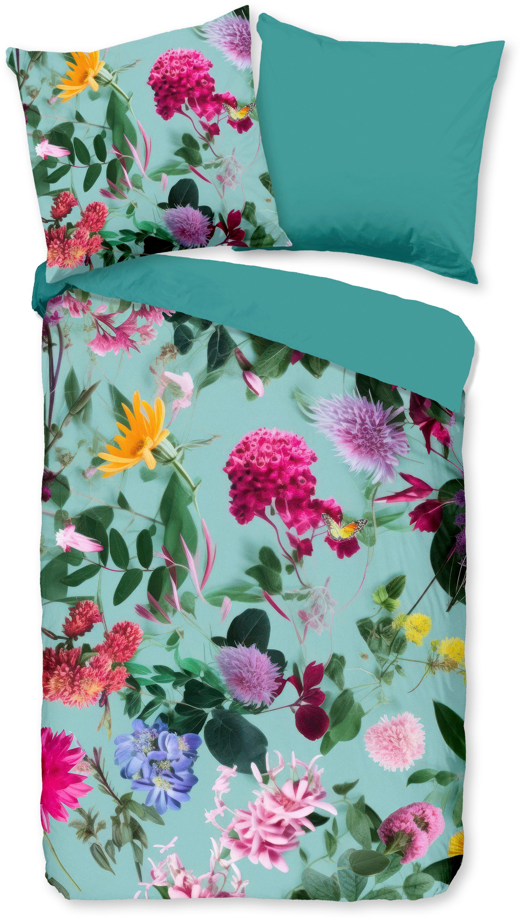 good morning Wendebettwäsche Imma, Renforcé, 2 teilig, 100% Baumwolle, Renforcé, Reißverschluss, Wendeoptik, Blumen, Aqua