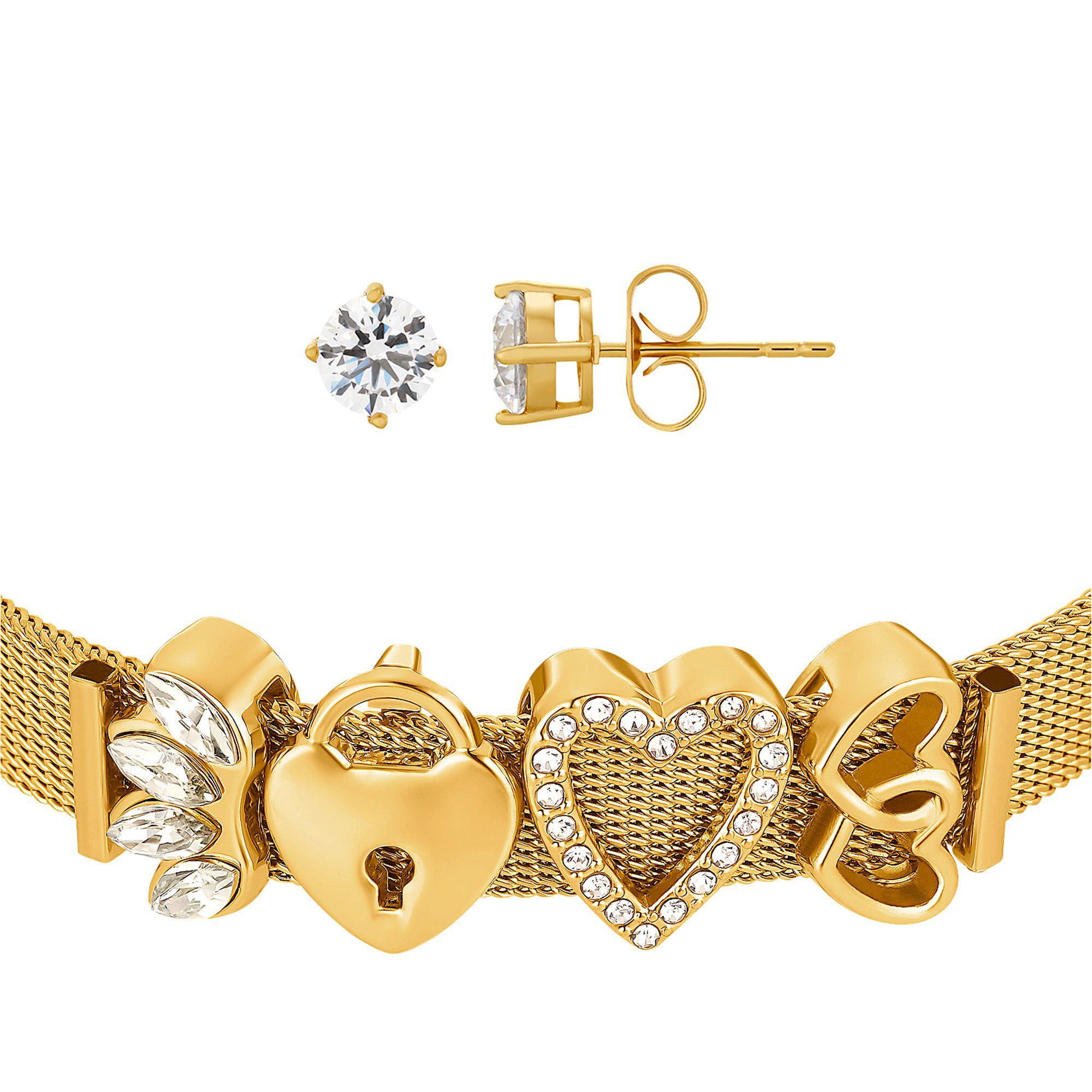 Ohrstecker Ohrstecker silberfarben und Damen Armband (Ohrringe, Geschenkset für Geschenkverpackung), mit goldfarben Heideman inkl. Set Milanaise Paar