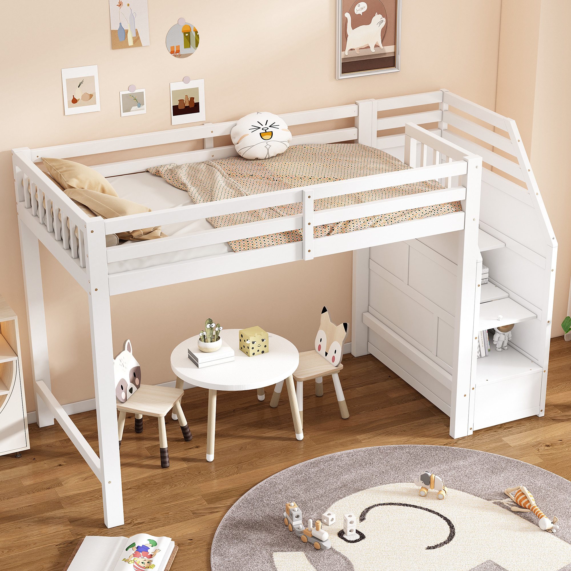 Ulife Loft Bed, Children's Bed, Youth Bed, Wooden Bed, Free Space Under the Bed (without mattress), Creative Storage Ladder, 90x200cm