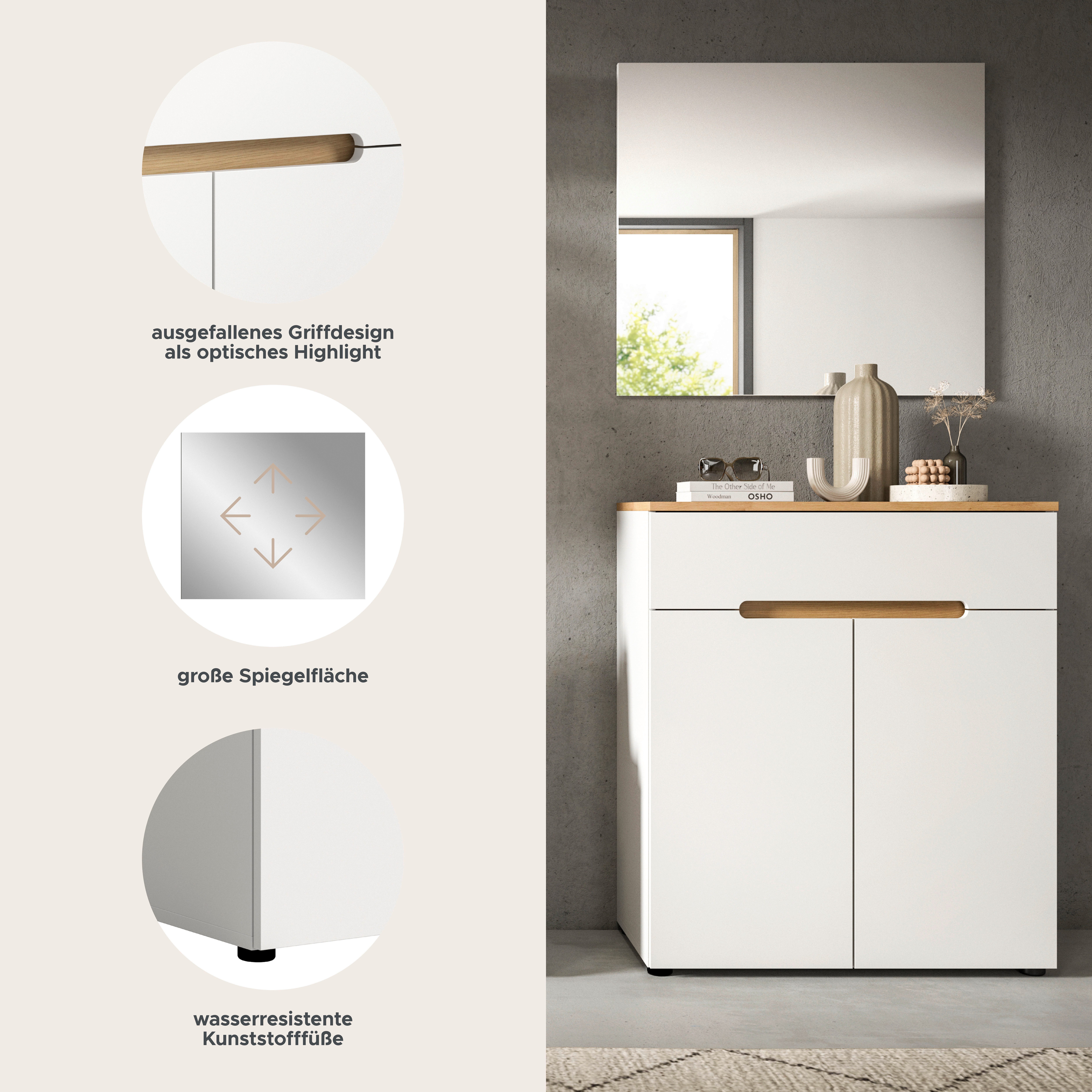 Home affaire Garderoben-Set REHAT, TOPSELLER!, 2-teilig, Breite 80cm, individuell erweiterbar, (Set, 2-St., bestehend aus: Garderobenspiegel und Schuhkommode), Garderobenkombination, Kombination, Set, Flurgarderobe, Diele