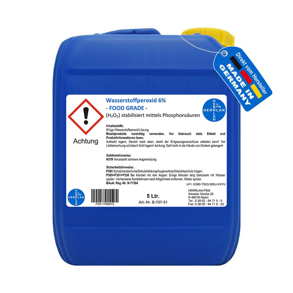 HERRLAN Wasserstoffperoxid 6% FOOD GRADE I HERRLAN-Qualität Bleichmittel (5 Liter)