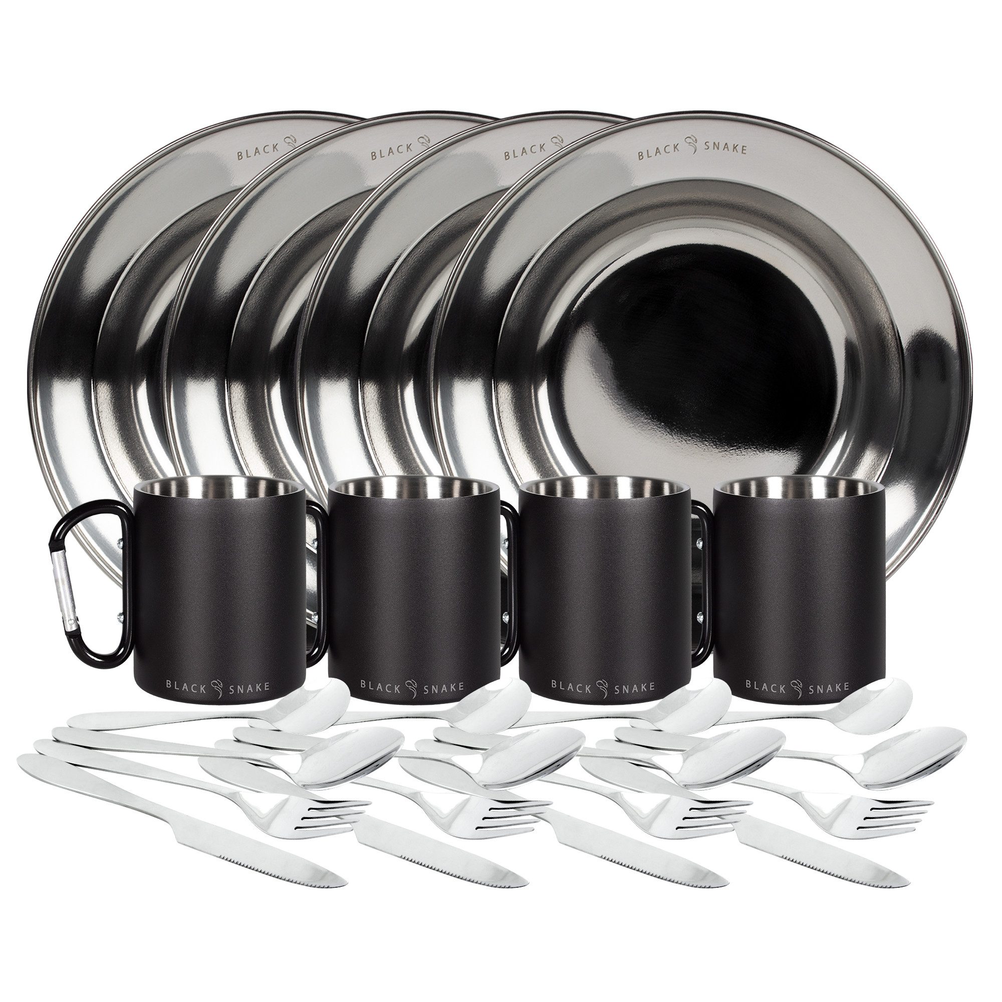 Black Snake Geschirr-Set Campinggeschirr mit Thermobecher und tiefem Teller samt Besteck (12-tlg), 4 Personen, Edelstahl, Becher mit Karabinergriff und Neopren-Etui mit Reißverschluss
