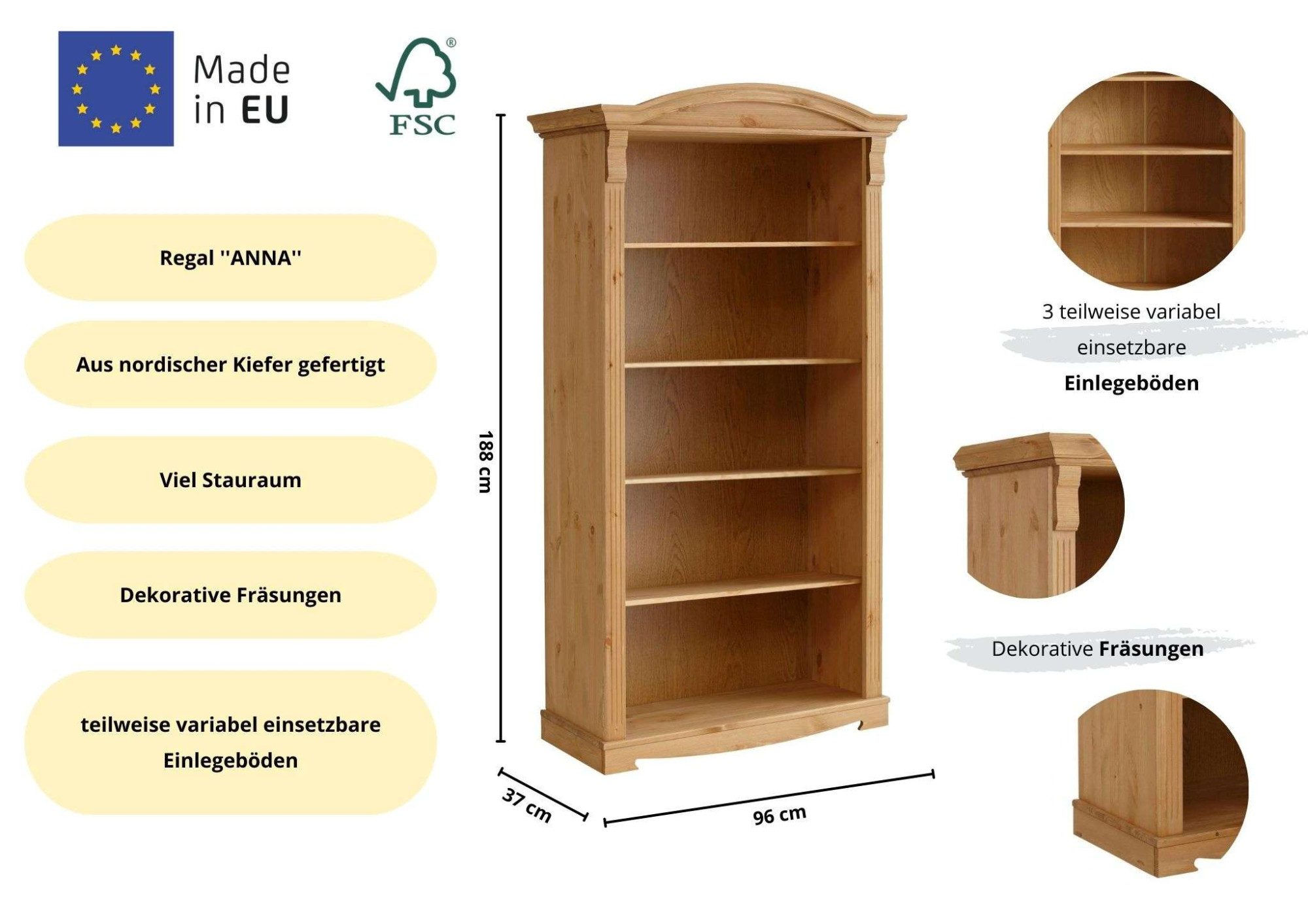 OTTO home Standregal Anna, Regal, Aktenregal, Bücherregal, aus massiver Kiefer, Breite 96 cm, mit schönen Details und Fräsungen