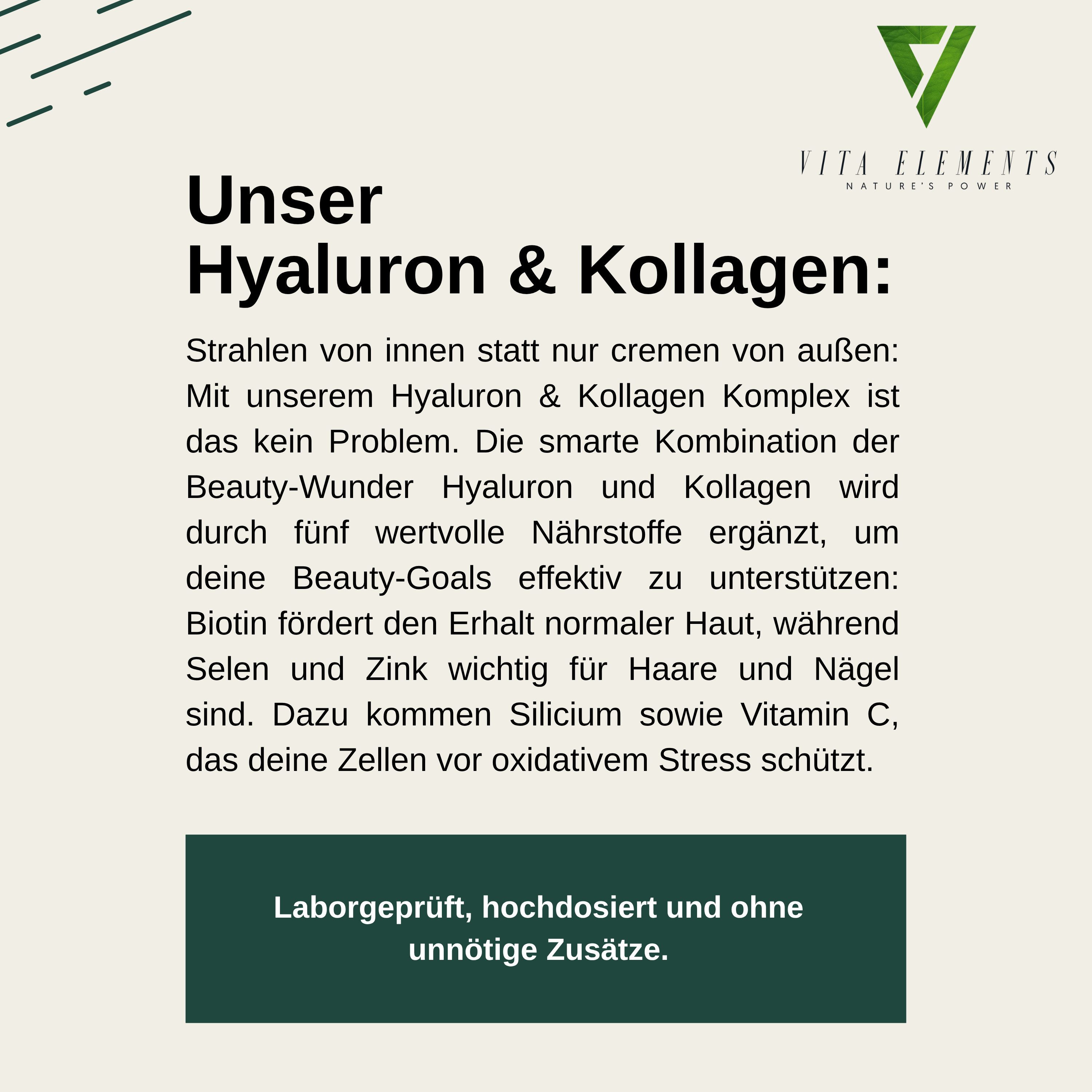 Vita Elements Hyaluron & Kollagen Komplex Kapseln, 180 St., Hochdosiert & Bioverfügbar Frei von Gentechnik Laborgeprüft