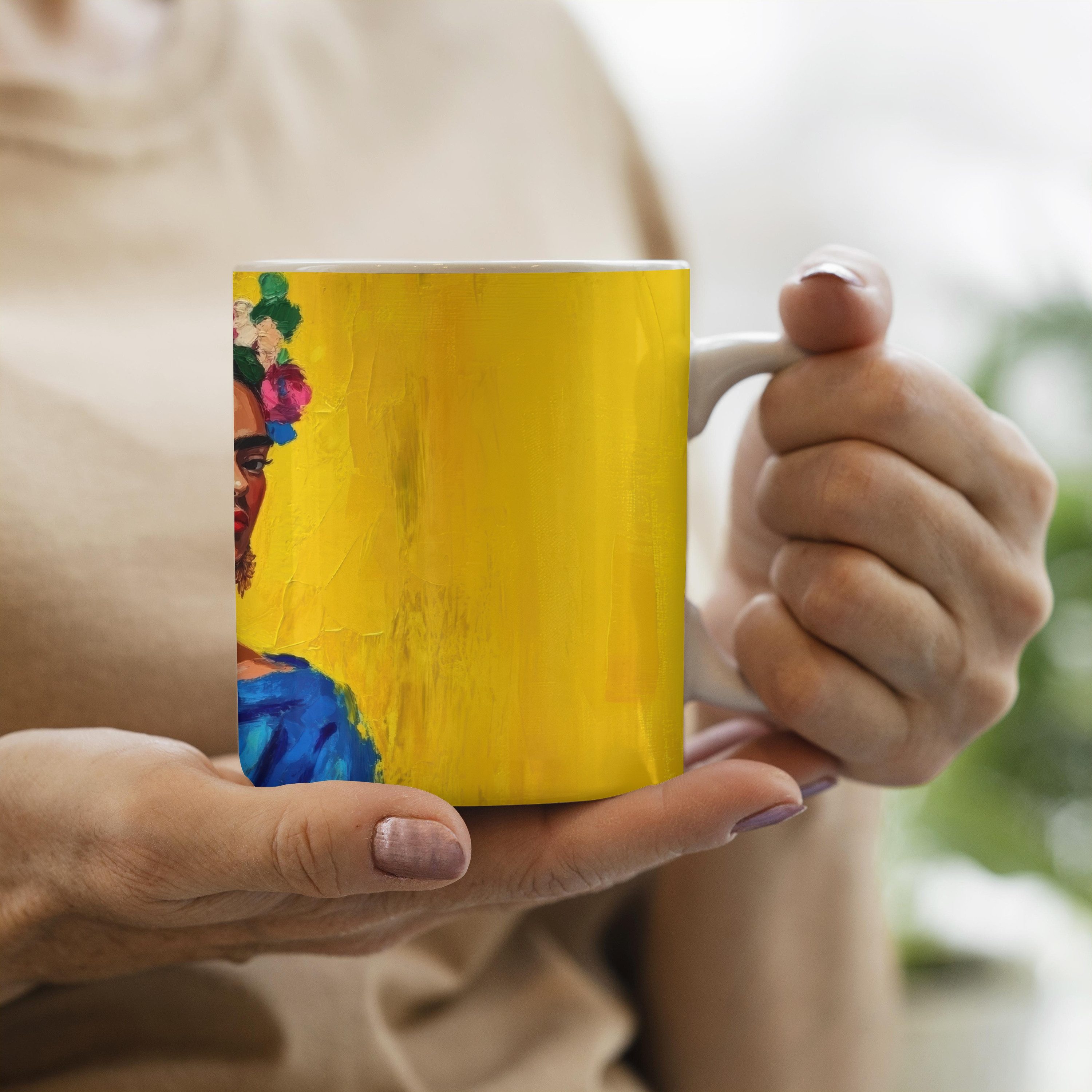 MuchoWow Tasse Frida Kahlo - Frau - Gelb - Blau - Blumen, 1-tlg., Keramik, Kaffeetassen, Teetasse, Becher, Kaffeebecher, Geschenk