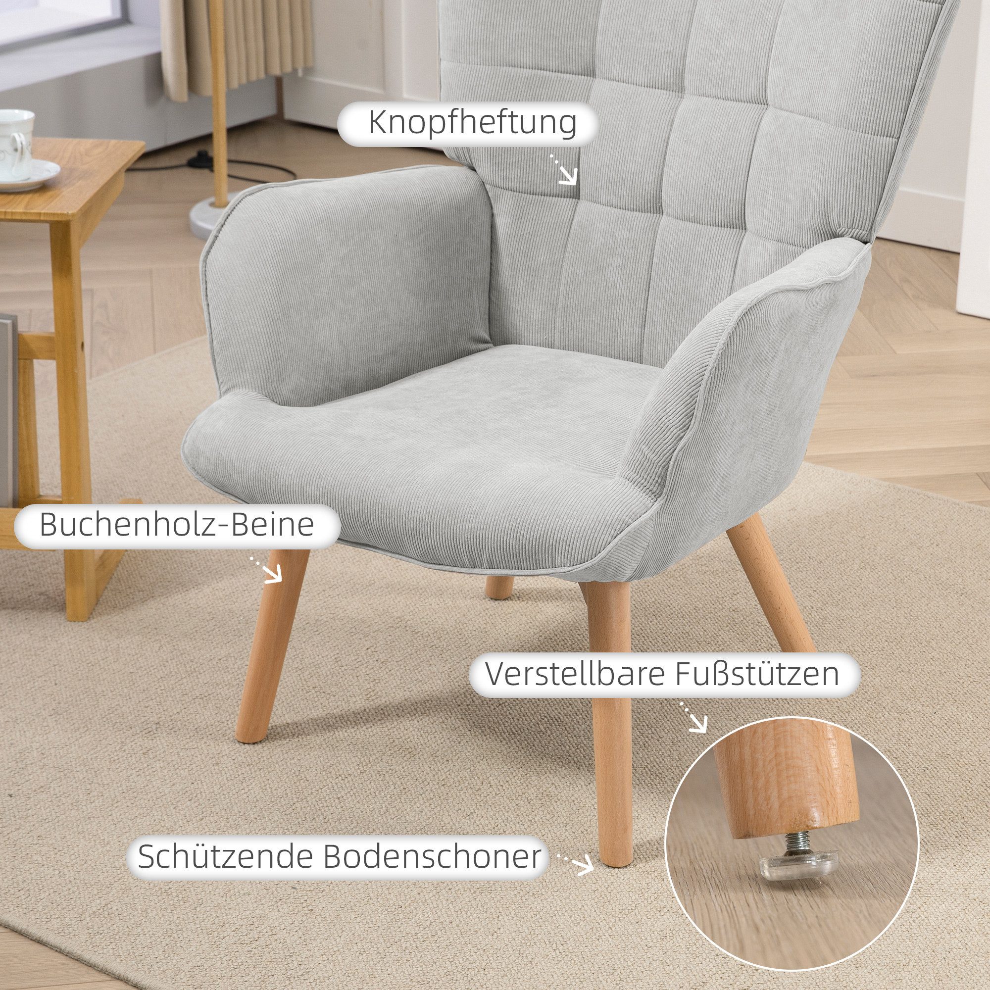 OKWISH Loungesessel Relaxsessel Freizeitstuhl Ohrensessel (Ohrensessel mit Hocker in Cord-Optik – Relaxsessel mit Holzbeinen & Ottomane, gemütlich gepolstert für Wohnzimmer & Leseecke., Sessel: 72L x 80B x 101H cm. Ottomane: 65L x 43B x 38H cm), mit Relaxfunktion