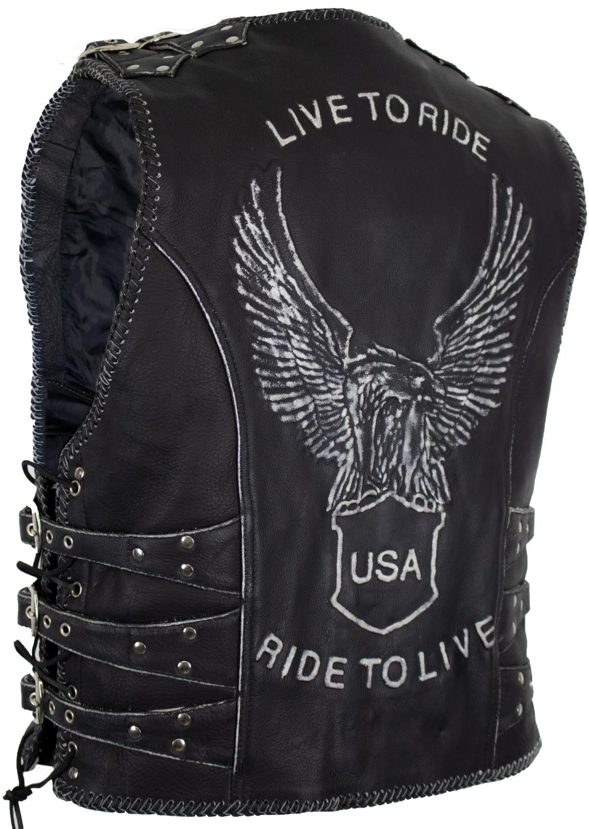 Lederweste Herren Lederweste Rindsleder, Biker Weste Adler Prägung, Schnallen