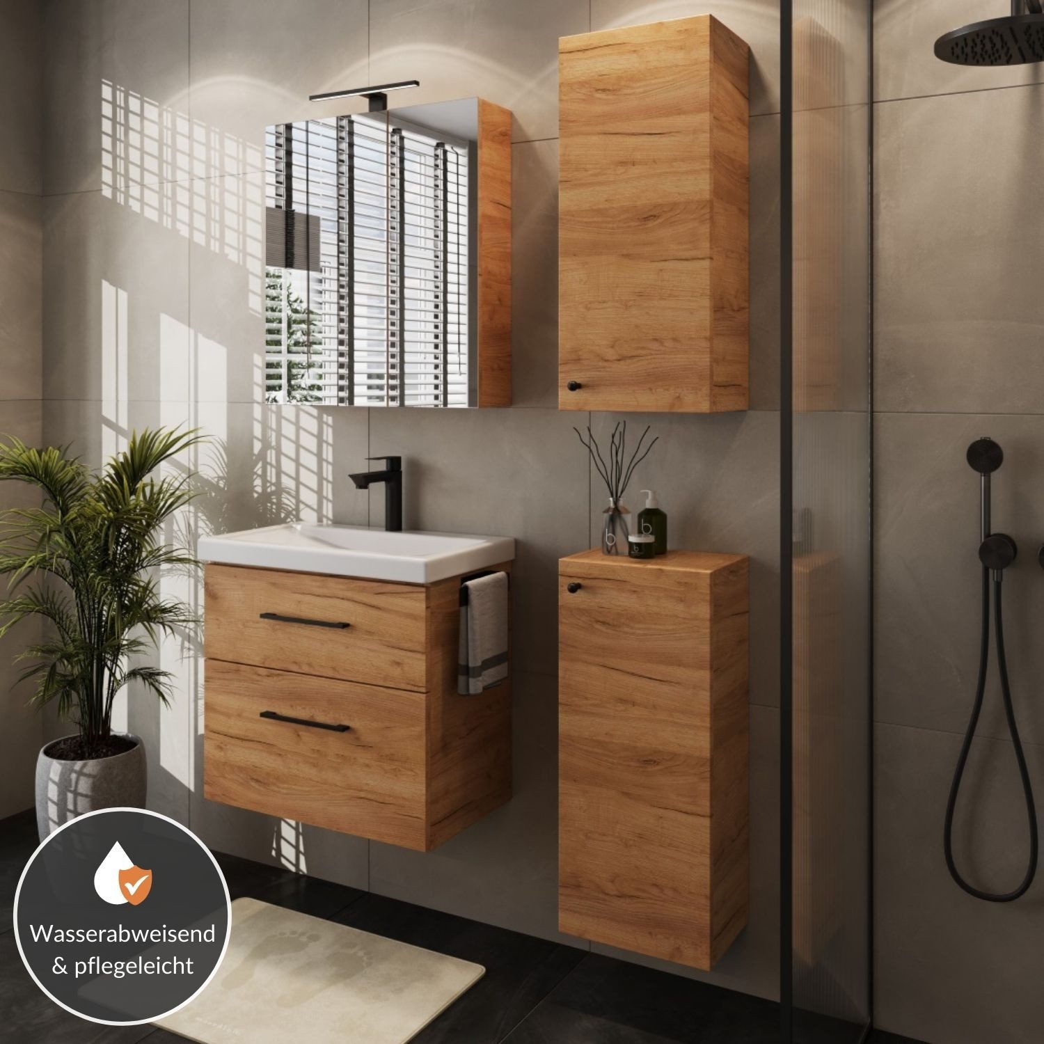 Planetmöbel Badmöbel-Set Badmöbel-Set mit Spiegelschrank 63cm und 2x Midischrank, (Waschbecken mit Unterschrank, Spiegelschrank Bad mit Beleuchtung)