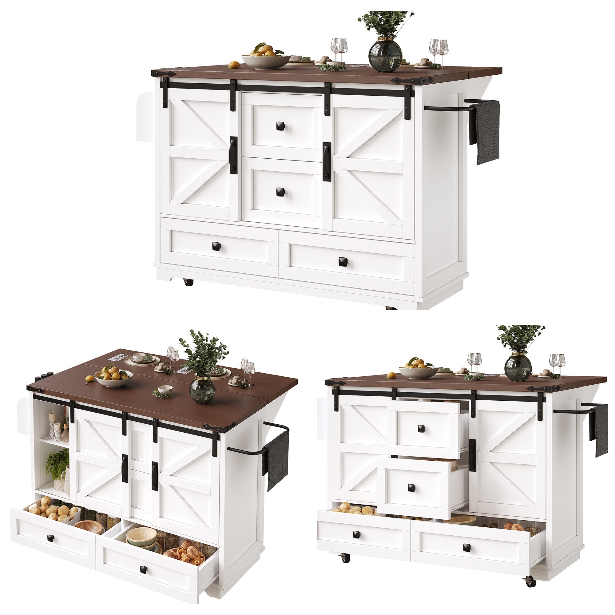 REDOM Küchenwagen Mobile Kücheninsel,Sideboard, (Mobiler Küchenwagen mit klappbarer Arbeitsplatte Weiß, 1 St., 142.5*45(73)*92.5cm)