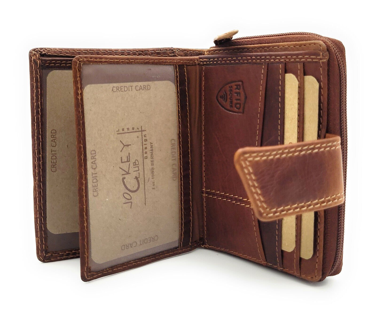 JOCKEY Sauvage CLUB Rindleder, mit braun RFID kompakt & Schutz, handlich, Portemonnaie Leder Mini Geldbörse echt cognac Damen
