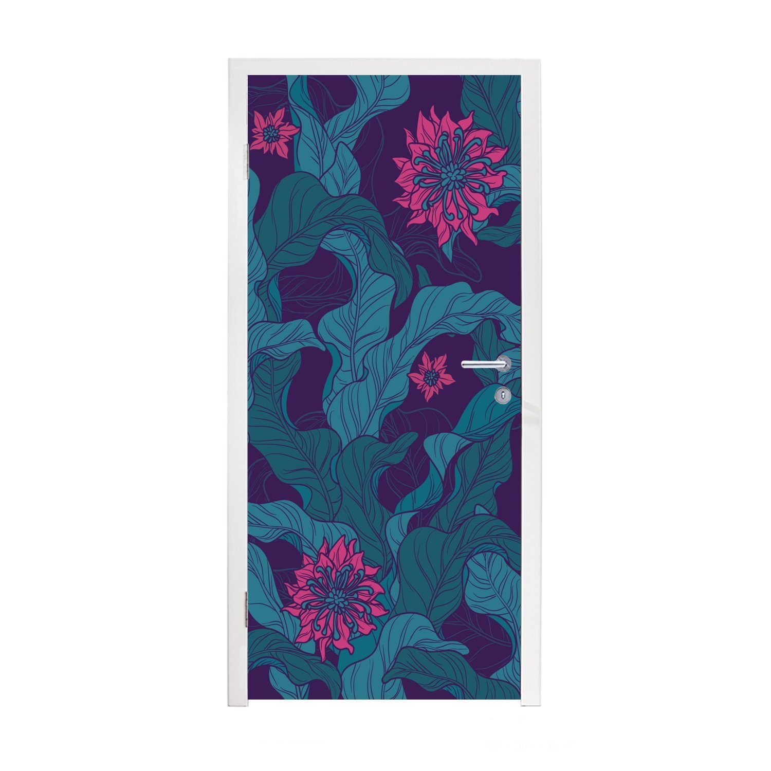 MuchoWow Türtapete (1 Tür, mit eines Blumenmusters Fototapete Matt, bedruckt, cm St), Türaufkleber, 75x205 für Illustration Eine Blumen, lila