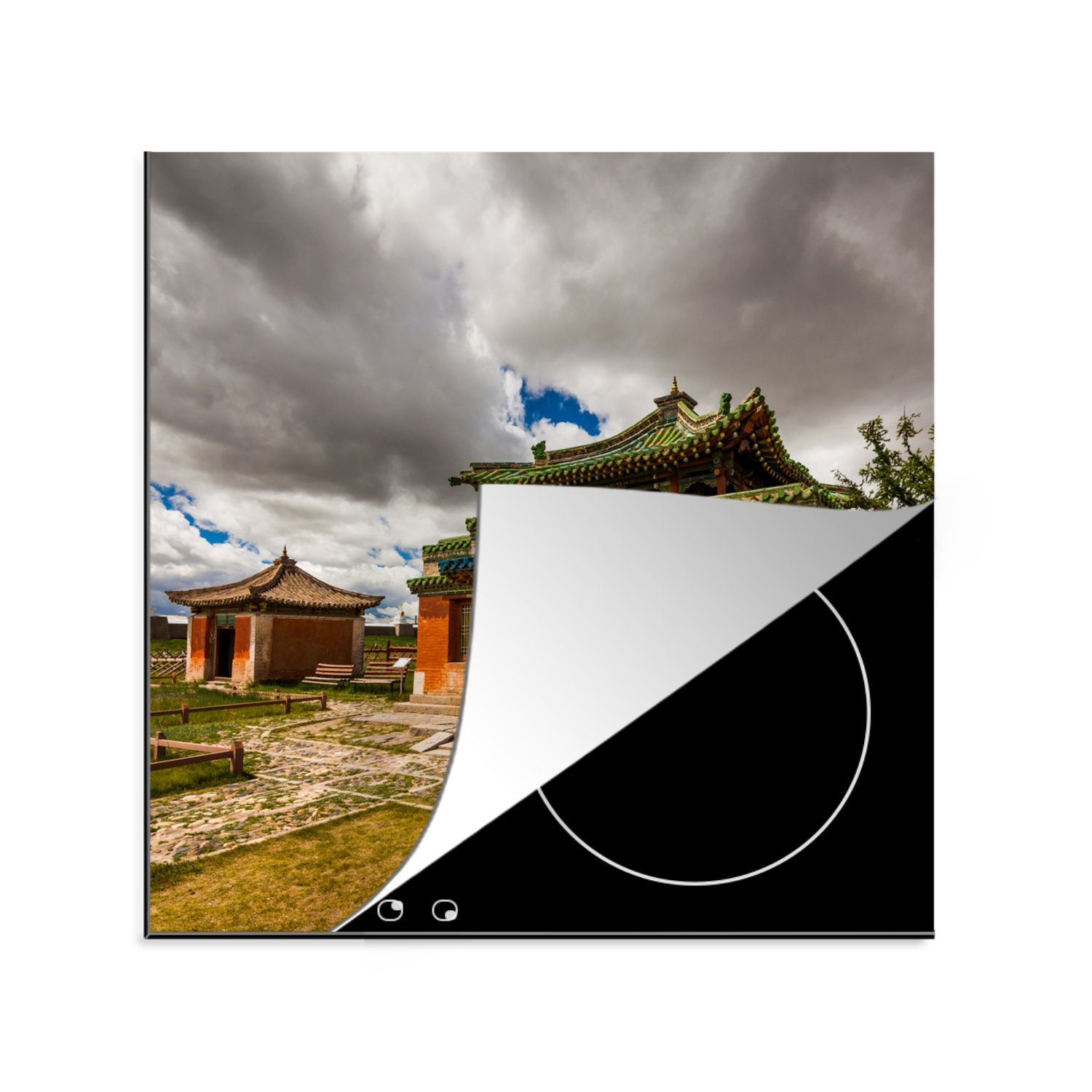 MuchoWow Herdblende-/Abdeckplatte Dunkle Wolkendecke über dem Kloster Erdene Zuu, Vinyl, (1 tlg), 78x78 cm, Ceranfeldabdeckung, Arbeitsplatte für küche
