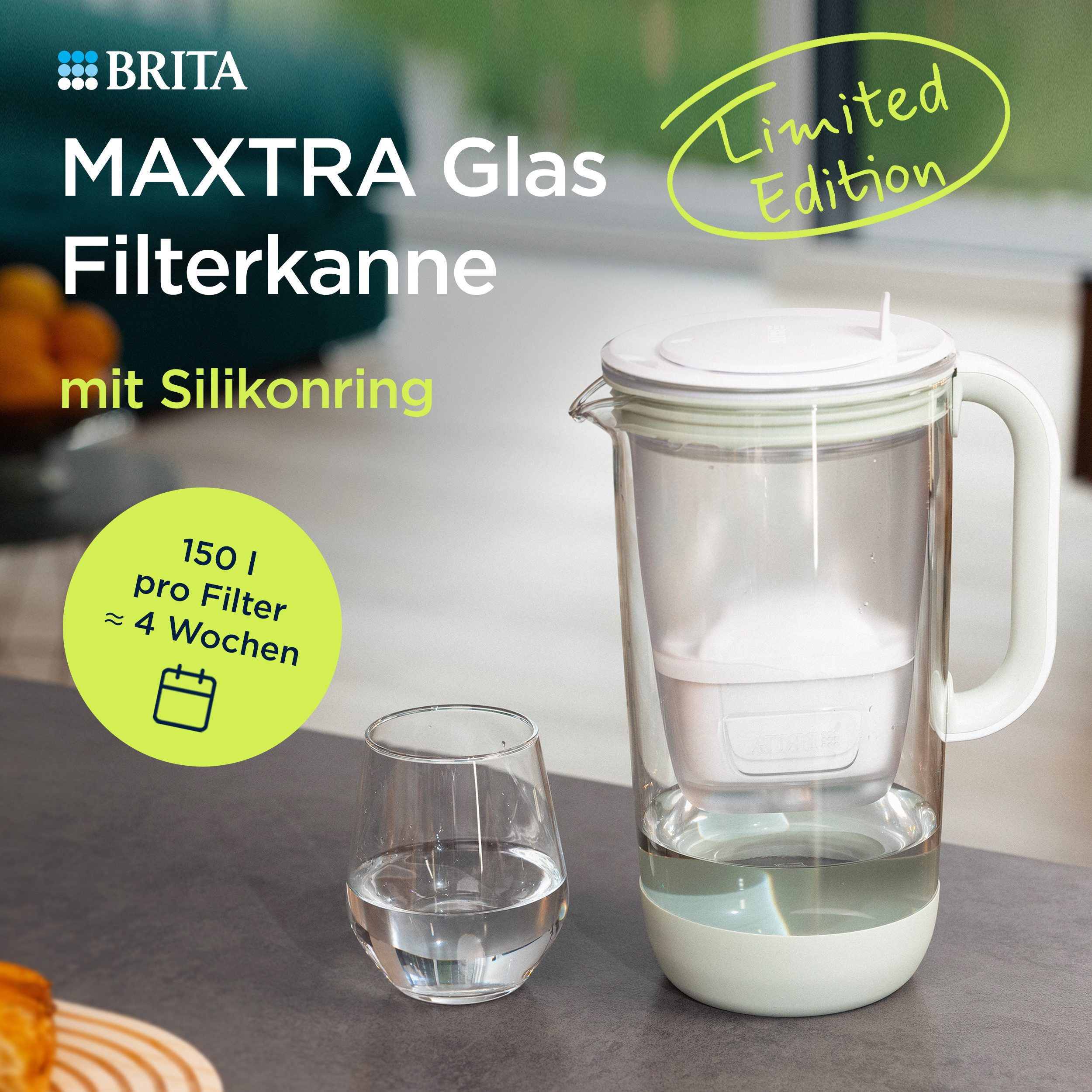 BRITA Wasserfilter BRITA MAXTRA Glas-Wasserfilter Kanne inkl. 4x Pure Performance Filter, Limited Edition Glaskanne hellgrün (2,5l) reduziert PFAS und Kalk – Bild 2 von 5