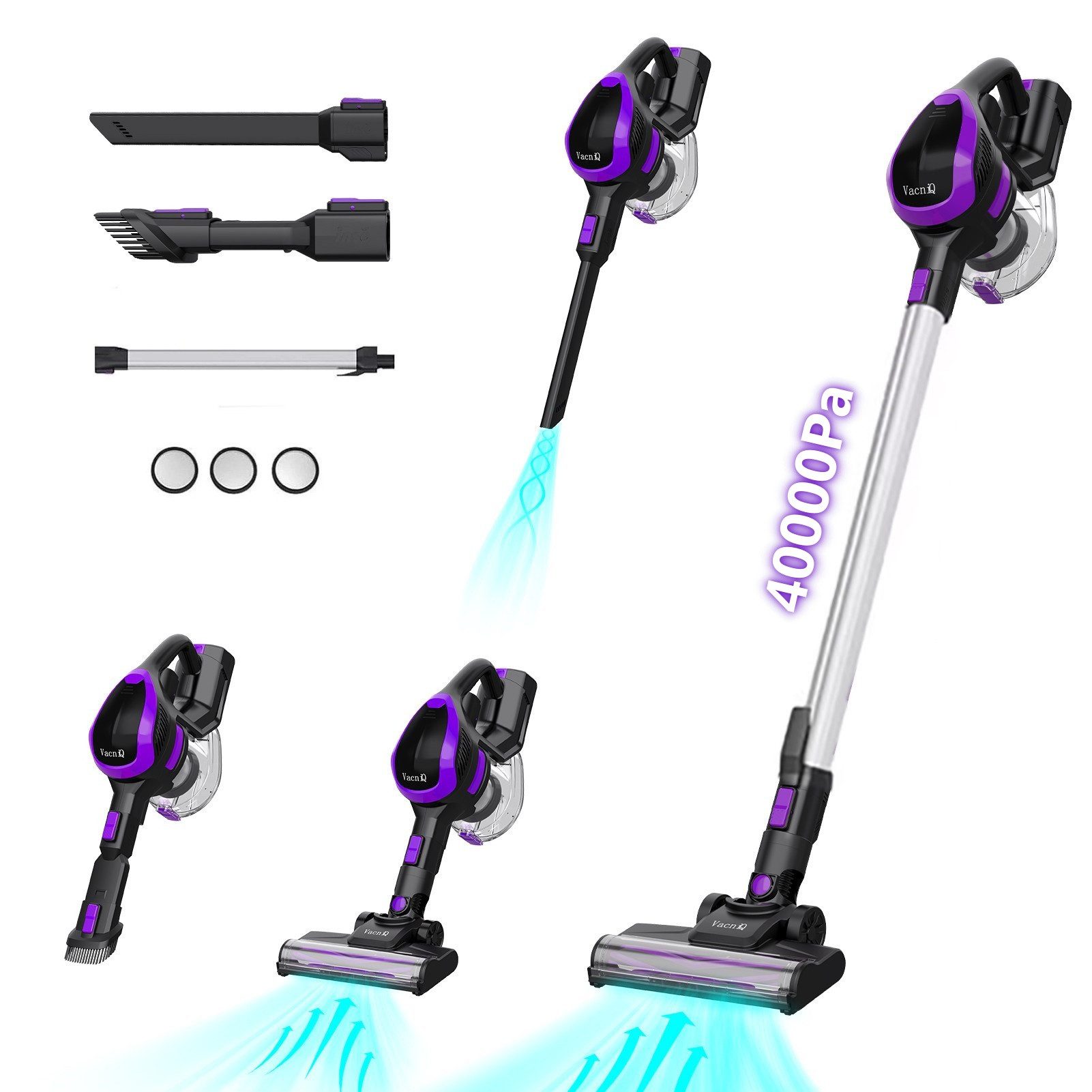 VacniQ Akku-Hand-und Stielstaubsauger, Akku Staubsauger, Akkustaubsauger, Staubsauger, Ultraeffizientes Filtrationssystem, 40KPa, 45 Minuten, 1.2L