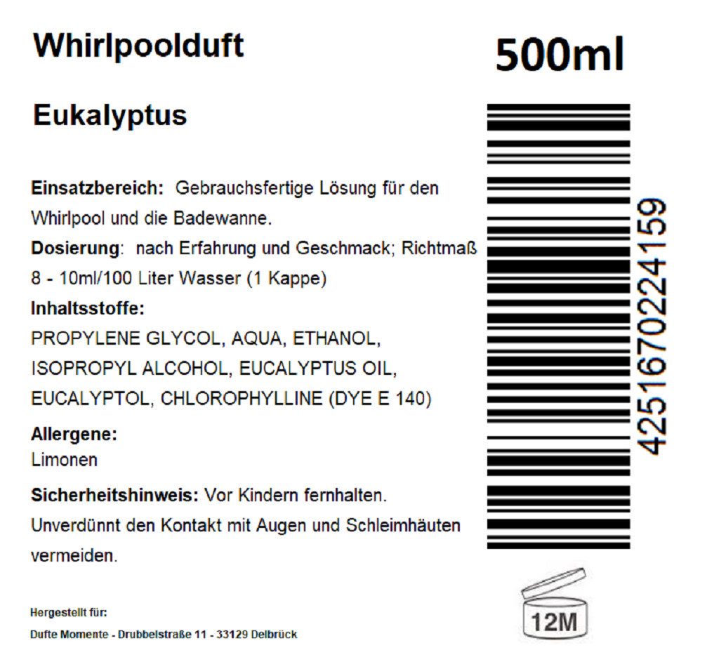 Dufte Momente Badezusatz Whirlpool Duft Eukalyptus 500ml, naturreine und natürliche ätherische Öle - vegan und ohne Tierversuche