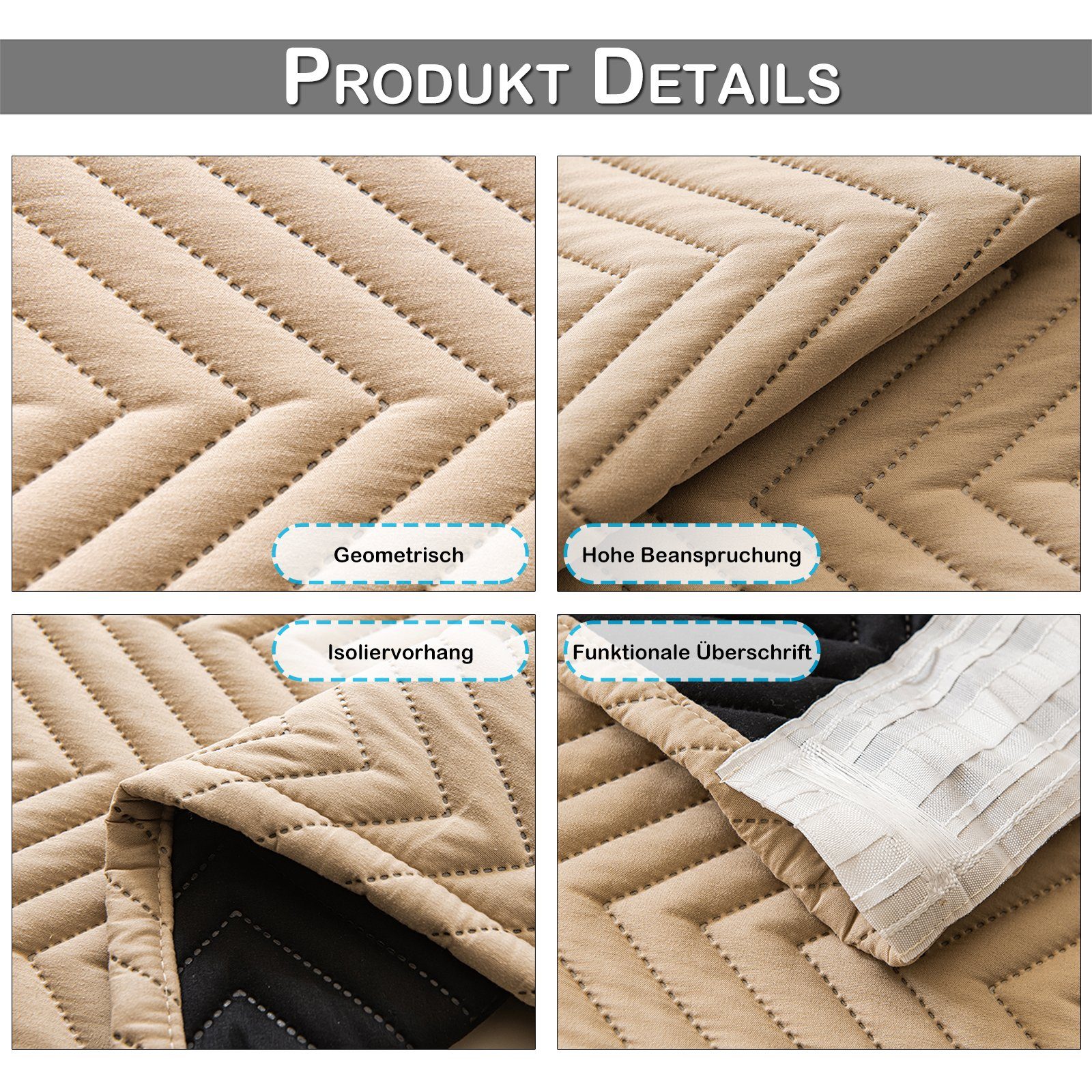 LMaxhome Vorhang Verdunkelungsvorhang Gesteppt Thermovorhang Türvorhang für Wohnzimmer, (1/2 St) 370g/m², Wärmeschutz 100% Blickdicht Kälteschutz Schlafzimmer – Bild 5 von 5