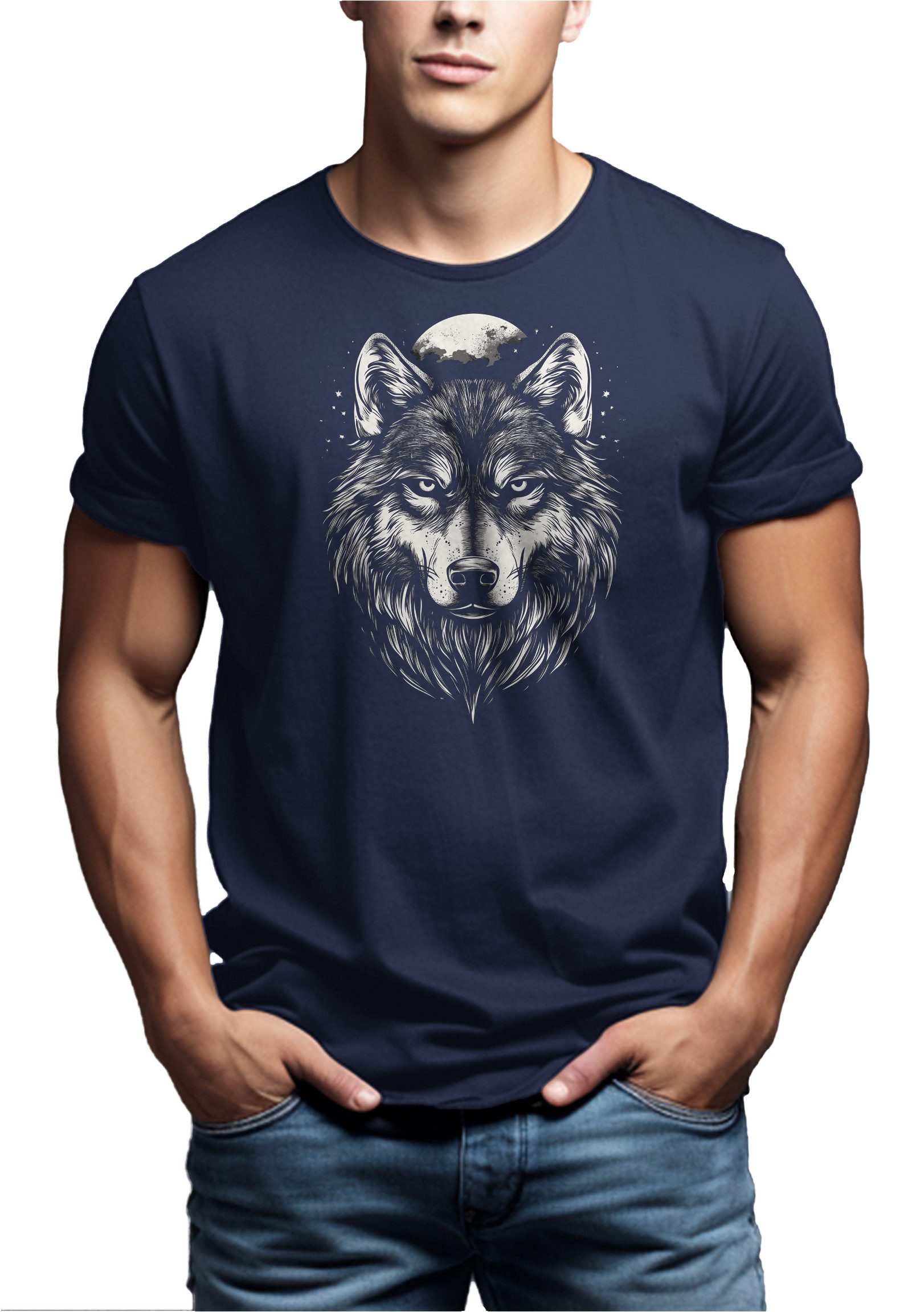 MAKAYA T-Shirt mit Wolfskopf Vintage Wolf günstig online kaufen