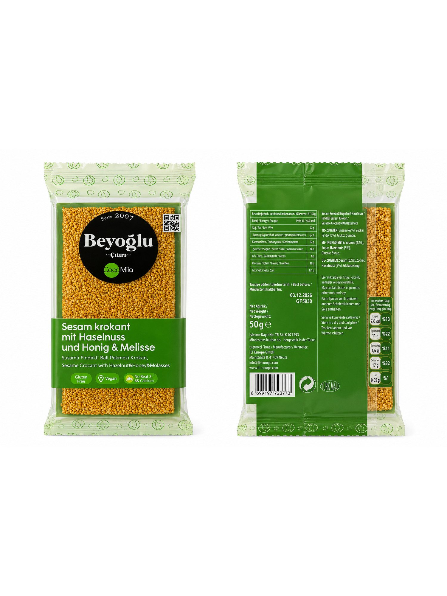 Beyoglucitiri Cerealien Sesam Krokant mit Haselnuss 50 g, 1 x, Glutenfrei Knusprig Verzehrfertig Hergestellt in der Türkei