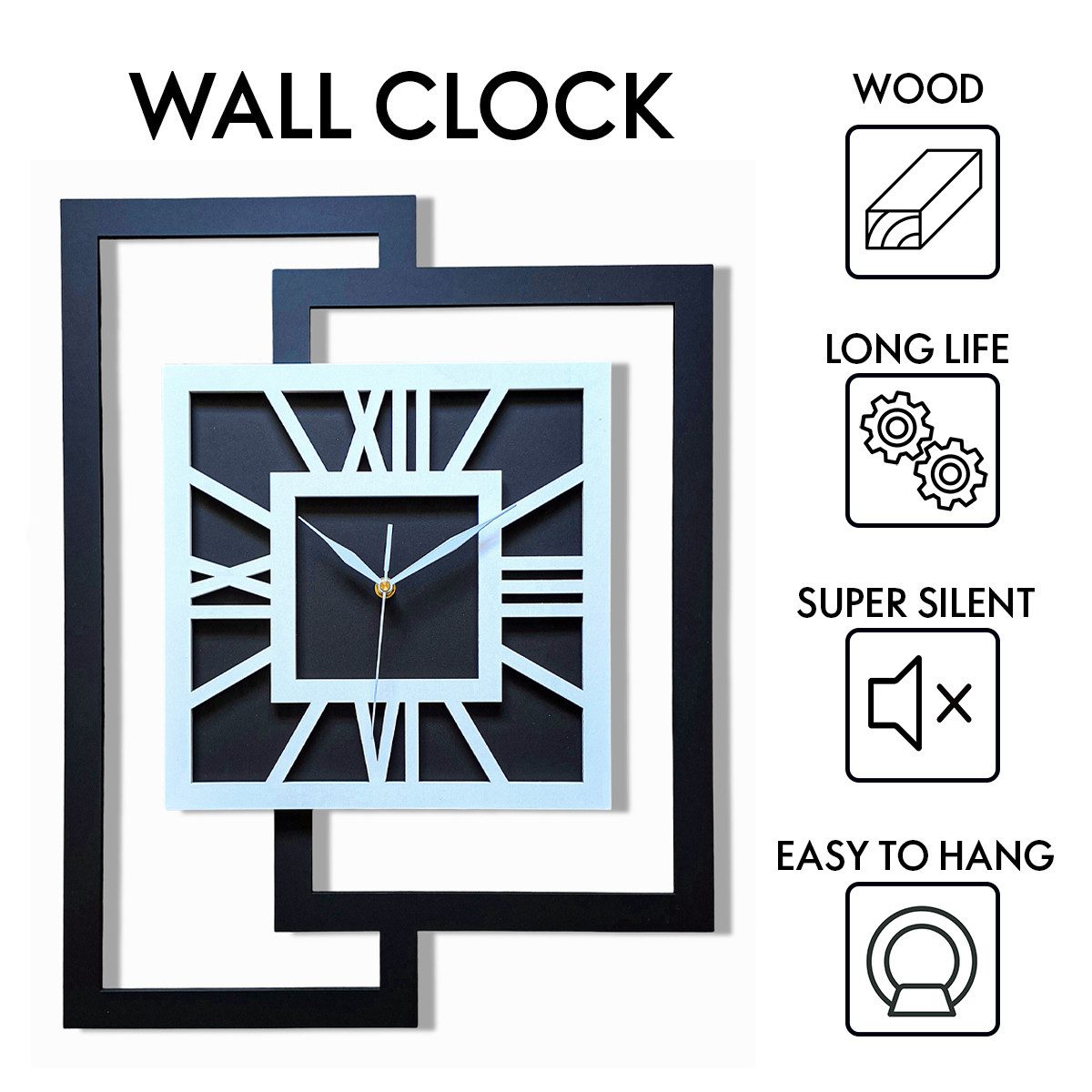 ORNAMENTI Wanduhr Grosse, moderne, geometrisch, Holz, hingucker, Loft, Rechteck (römisch, römische Ziffern, ohne Ticken, Wanddeko)
