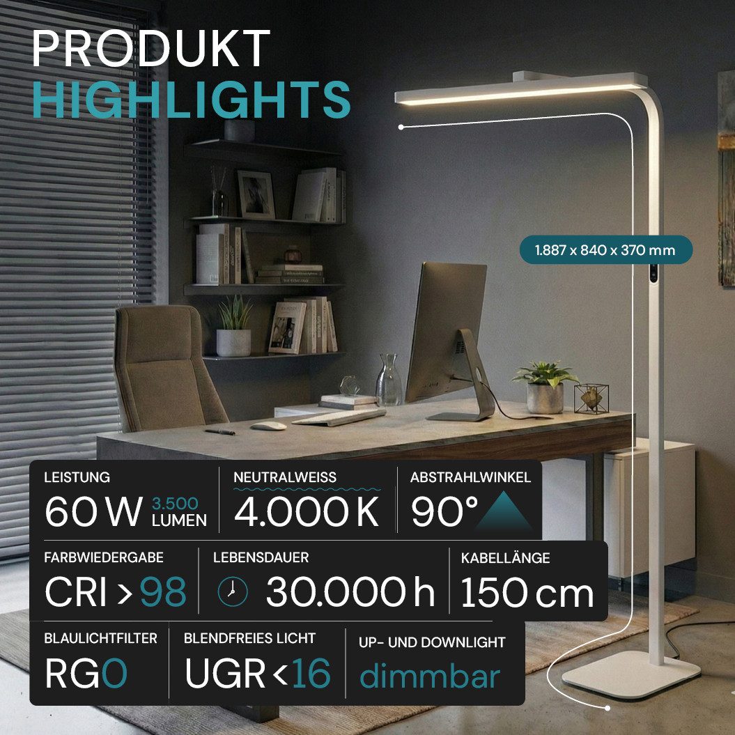 LUXULA LED Stehlampe Büro, dimmbar, Up/Downlight, blendfrei UGR16, Tageslichtweiß, LED Bürostehleuchte, Vollspektrum CRI98