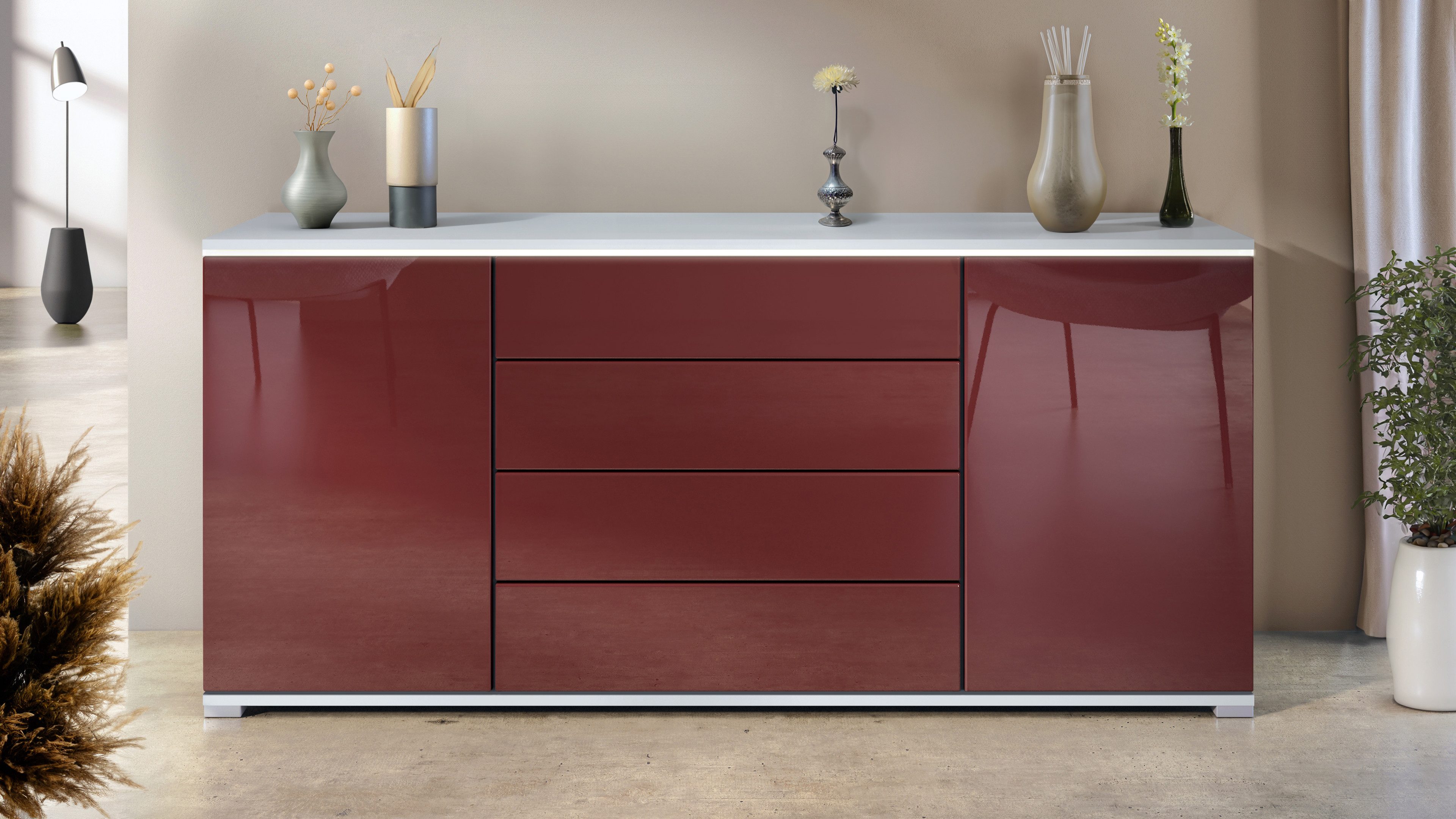 Vladon Sideboard Faro V2 (Kommode mit 2 Türen & 4 Schubladen, Schrank mit LED Lichtleiste), Weiß matt / Bordeaux Hochglanz (166,5 x 75,5 x 35)