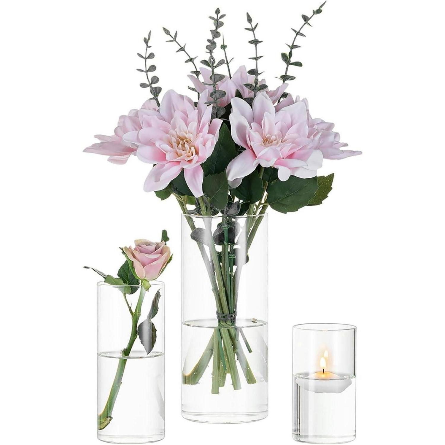 LuxusKollektion Tischvase 3er Set Moderne Glaszylinder Vasen für Hochzeit & Wohnzimmer