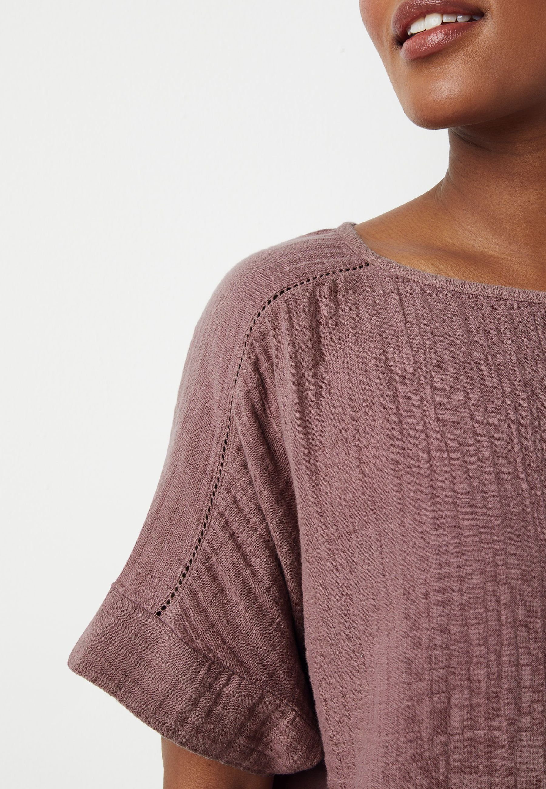 (1-tlg) Berry in Kurzarm-Baumwolltop mit Next Ballonsaum T-Shirt Purple Knitteroptik