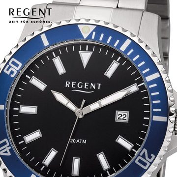 Regent Quarzuhr Regent Herren Uhr F-1182 Metall Quarz, Herren Armbanduhr rund, groß (ca. 43mm), Metallarmband