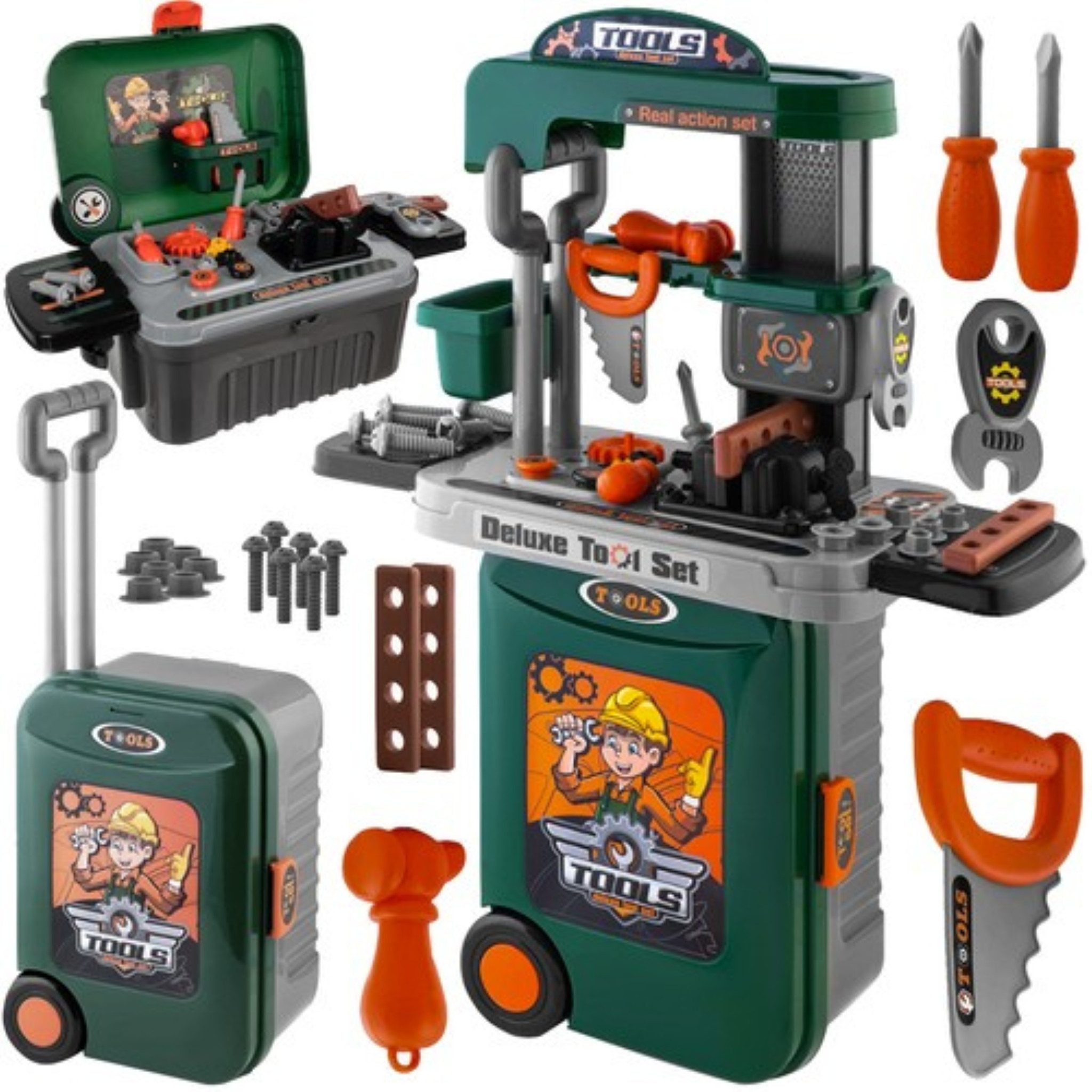 KRUZZEL Spielwerkzeugkoffer Kinder Werkbank mit Werkzeugkoffer – Іграшки für kleine Handwerker, (Mobiler Werkzeugkoffer mit Spiel-Werkbank und Zubehör), Kinder-Werkbank mit umfangreichem Werkzeugset für kleine Handwerker