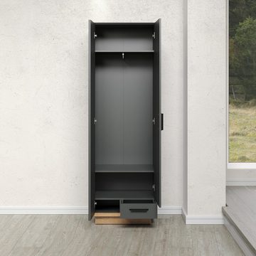 trendteam Garderobenschrank Synnax Anthrazit /Coast Evoke Eiche Nachbildung Garderobe Flurschrank Spiegelelement Kleiderstange 65 x 198 x 40 cm