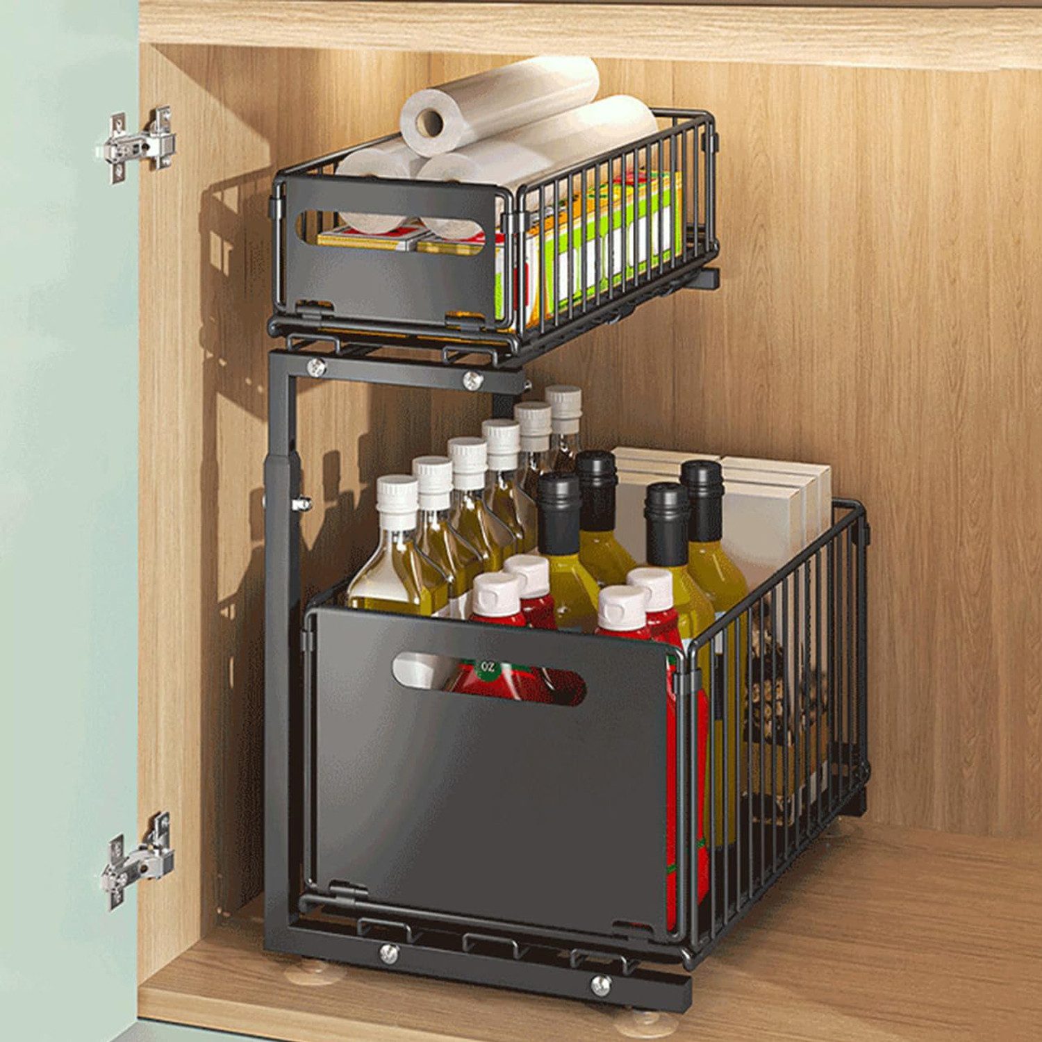 OKWISH Küchenorganizer-Set Unterschrank Organizer Unter Waschbecken Organizers Küche Storage Rack, (2 Etagen Küche Schrank Organizer mit Schublade, verstellbare – Bild 3 von 5