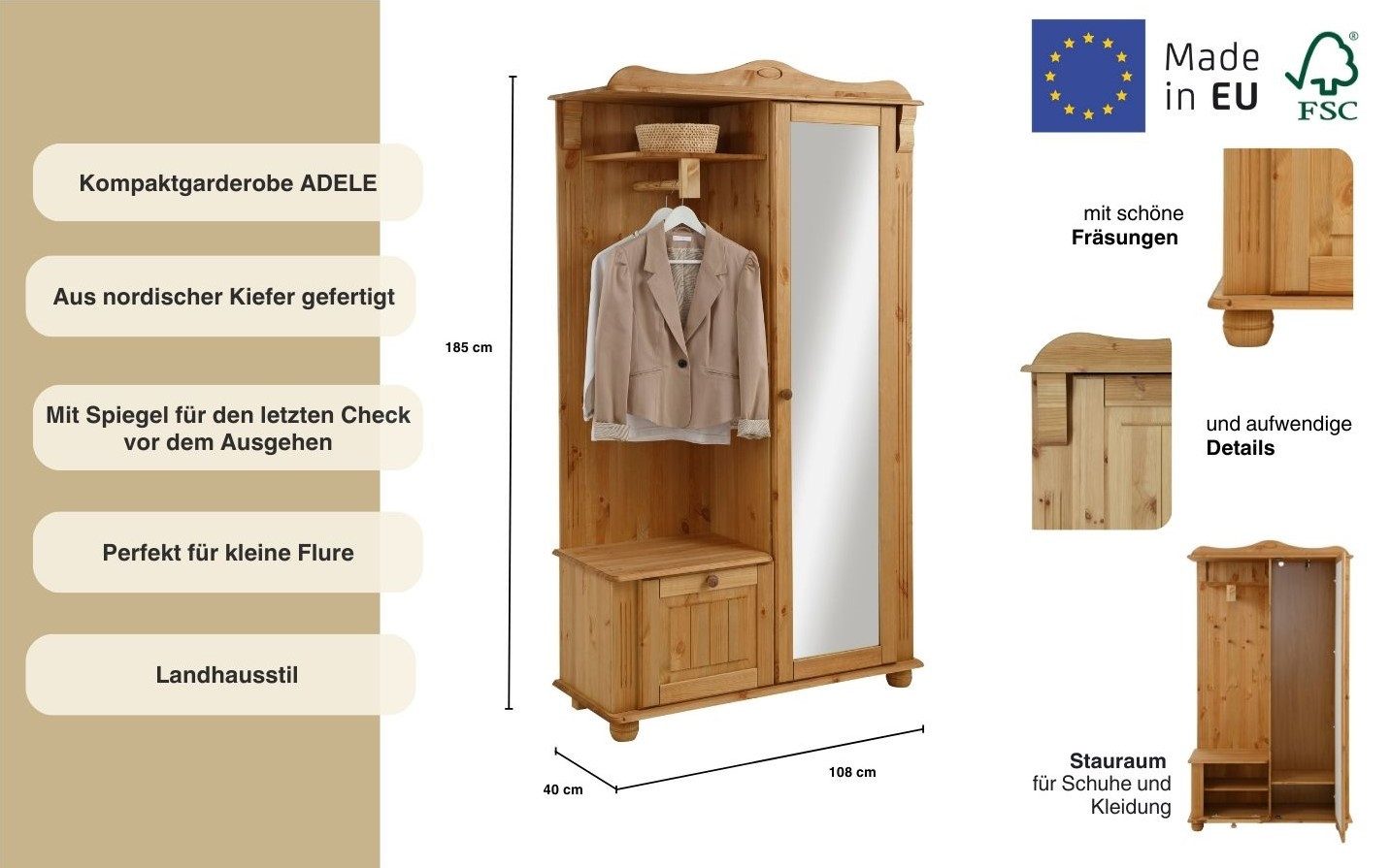 OTTO home Kompaktgarderobe Adele Breite 108 cm, mit Spiegeltür, aus massiver Kiefer, FSC®