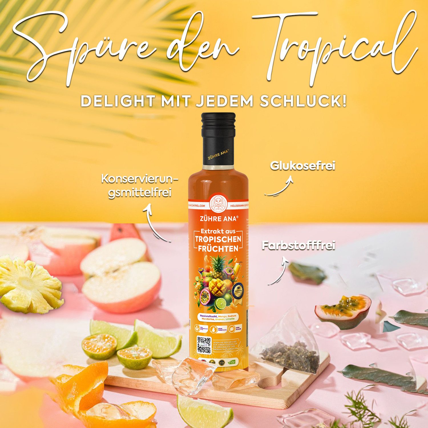 Zühre Ana® Sirup Tropischen Früchten Extrakt - Reich an Vitaminen, Mineralien 640g, 640 g, Frische Erfrischung in jedem Schluck,Mischungsverhältnis: 1+5