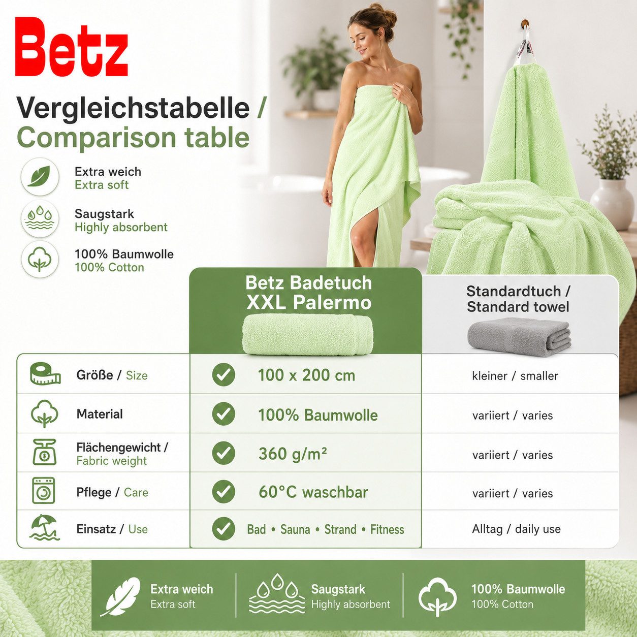 Betz Badetuch XXL 100x200 cm Palermo Saunatuch & Strandtuch Pflegeleicht & saugstark, 100% Baumwolle (1 Stück, 1-St)