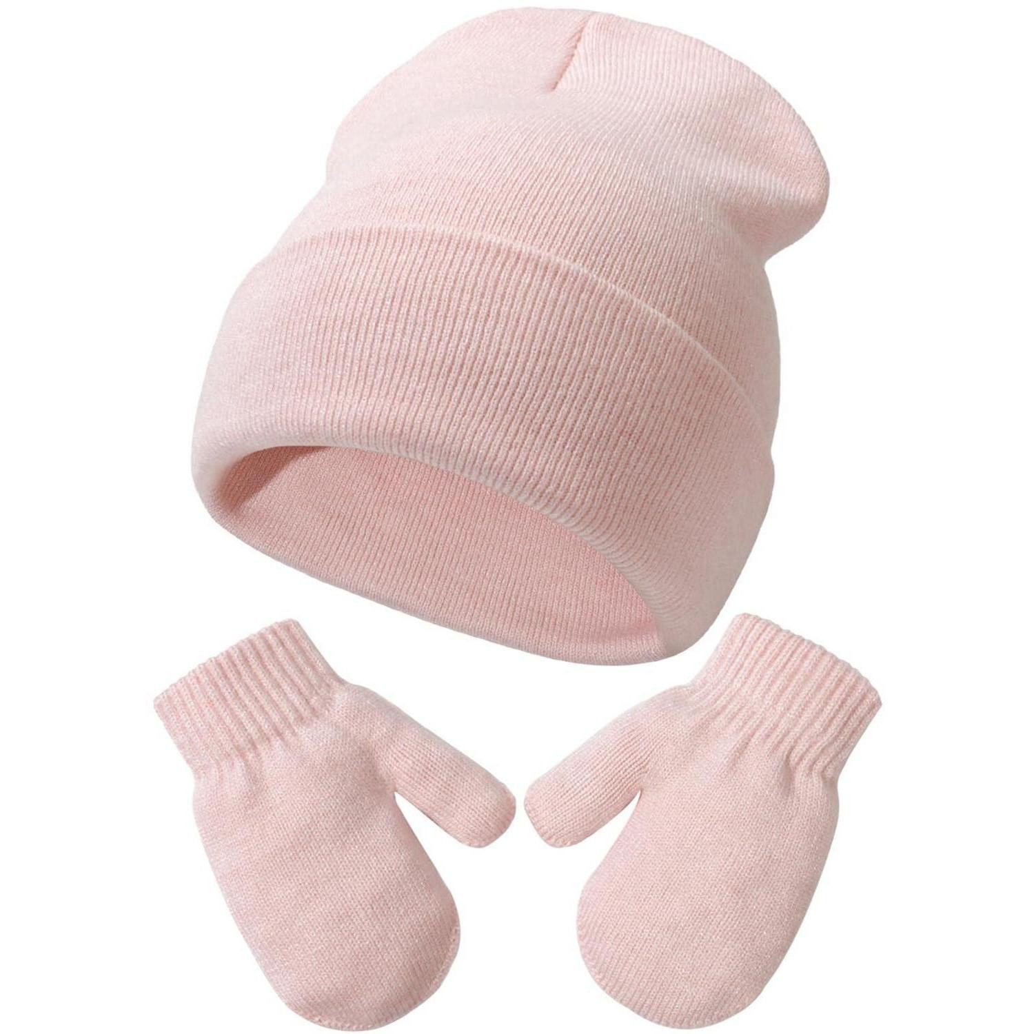 LuxusKollektion Strickmütze Baby Mütze Handschuhe Set gestrickt Rosa (1-St)