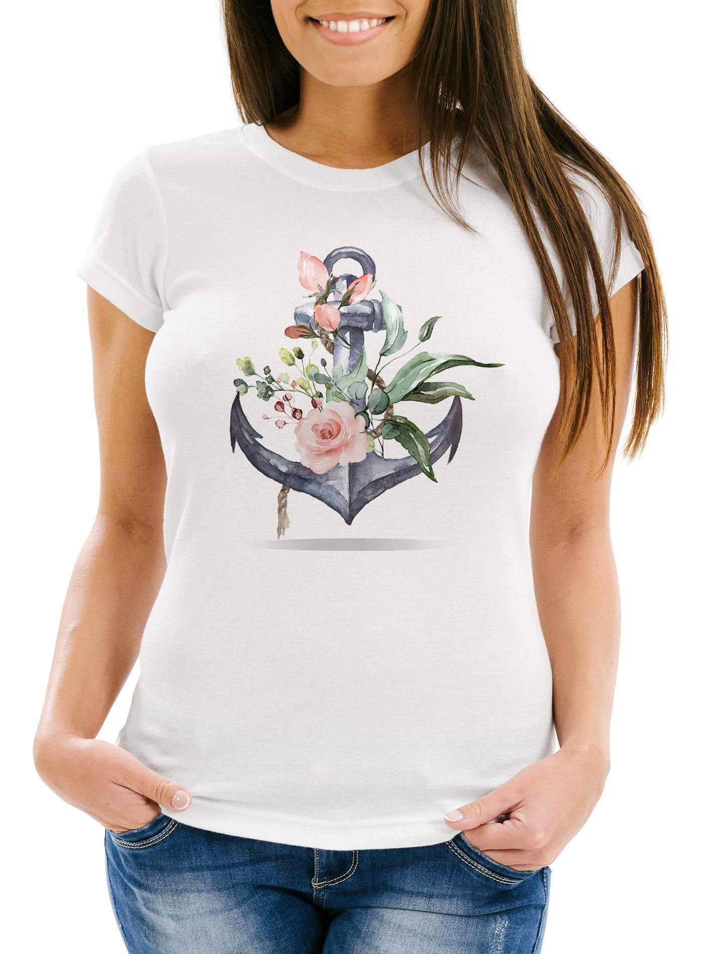 einzigartiger Laden Neverless Print-Shirt Damen T-Shirt Anker Print Neverless® Slim Watercolor Fit mit Blumen