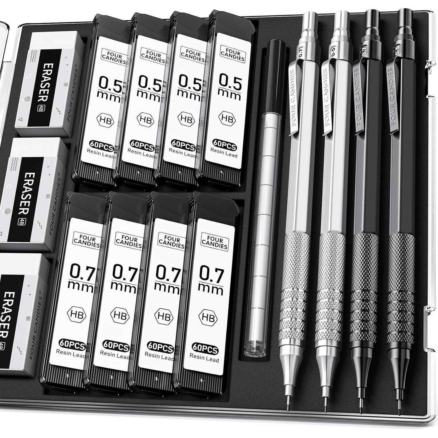 Four Candies Druckbleistift Metall-Druckbleistift-Set 0,5 mm 0,7 mm HB-Minen Schwarz Silber 480