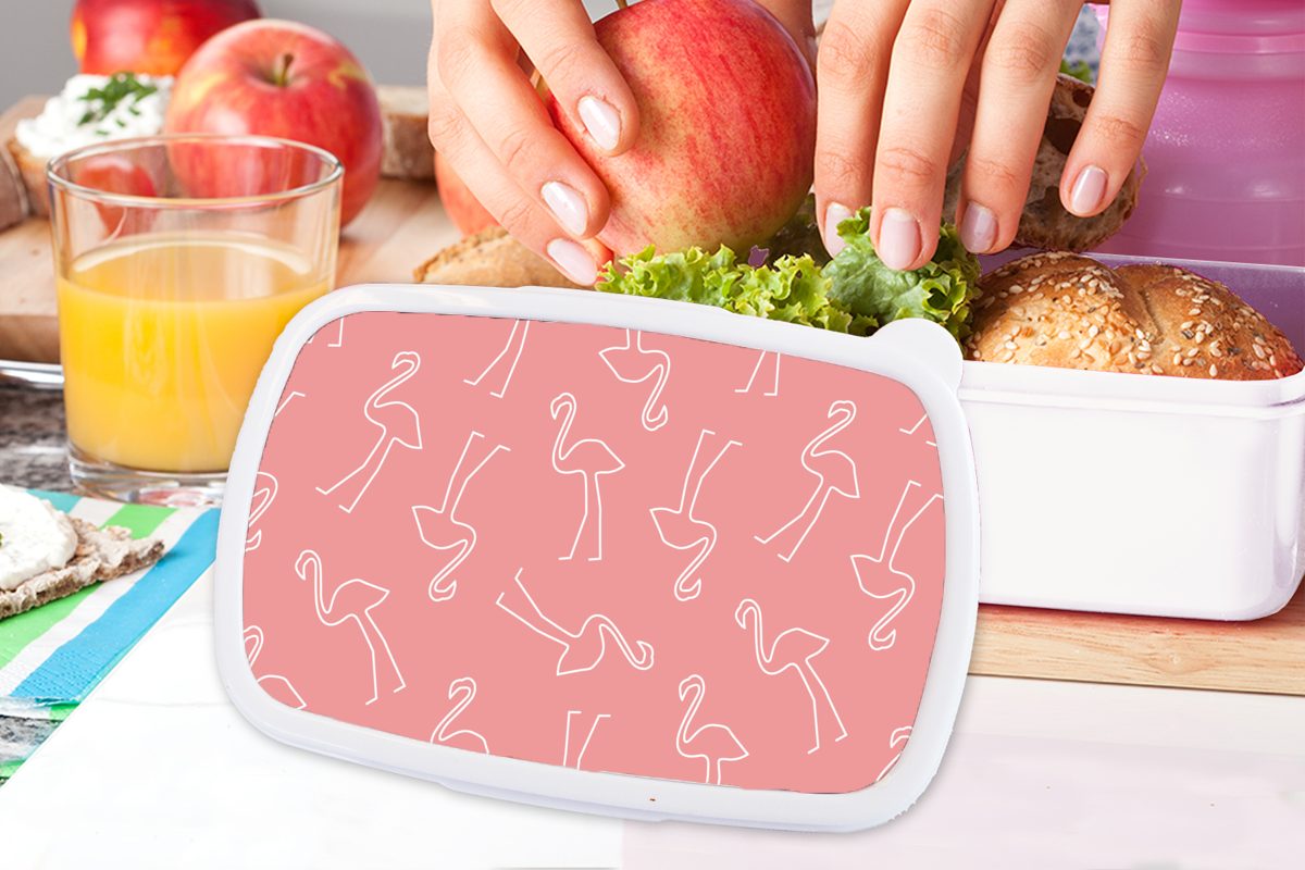 Lunchbox für - Kinder MuchoWow - - Jungs Brotbox Erwachsene, Linienkunst weiß (2-tlg), Brotdose, Flamingo Kunststoff, Muster, Rosa Mädchen und und für